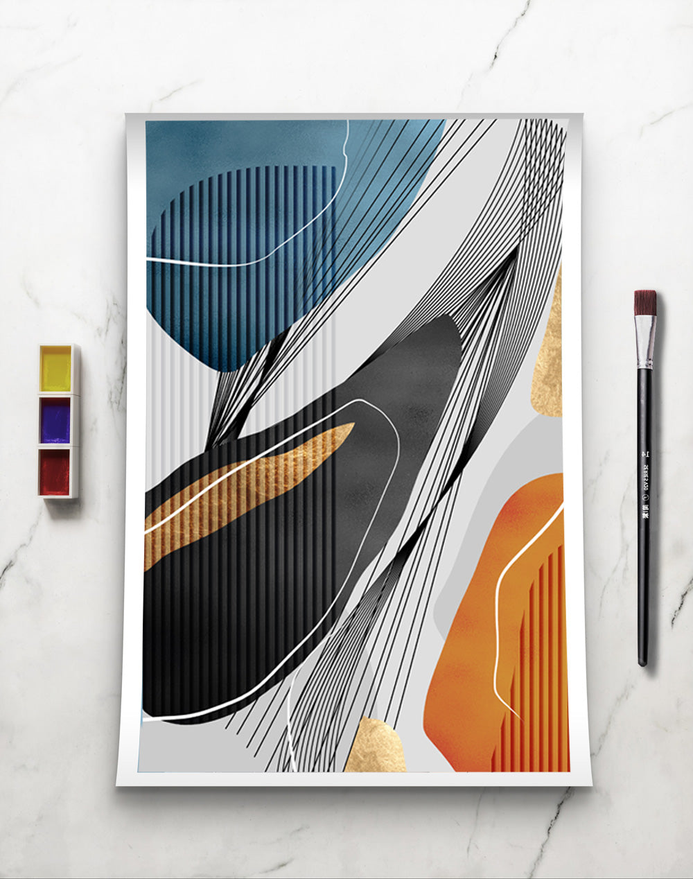 GOLD ,ORANGE, BLUE & BLACK LINE & SHAPES ABSTRACT ART
