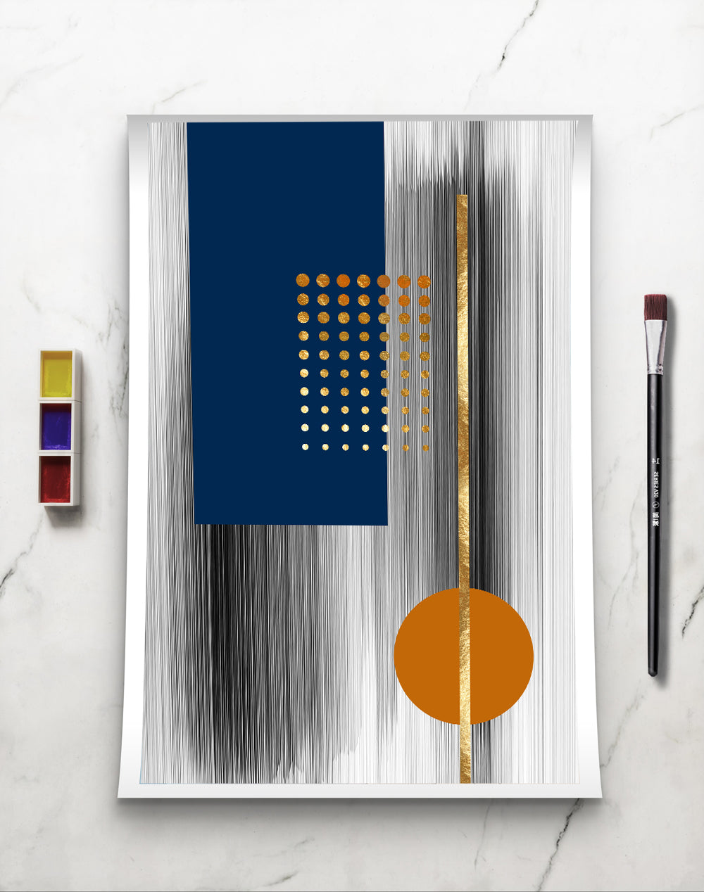 CANVAS ORANGE , BLUE DOTS AND GOLDEN STRIPES ABSTRACT ART CANVAS PRINTS