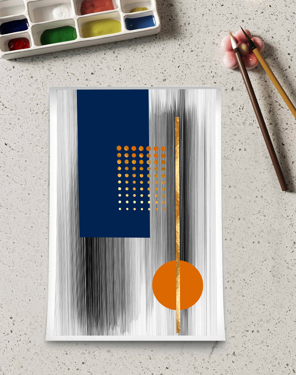 CANVAS ORANGE , BLUE DOTS AND GOLDEN STRIPES ABSTRACT ART CANVAS PRINTS