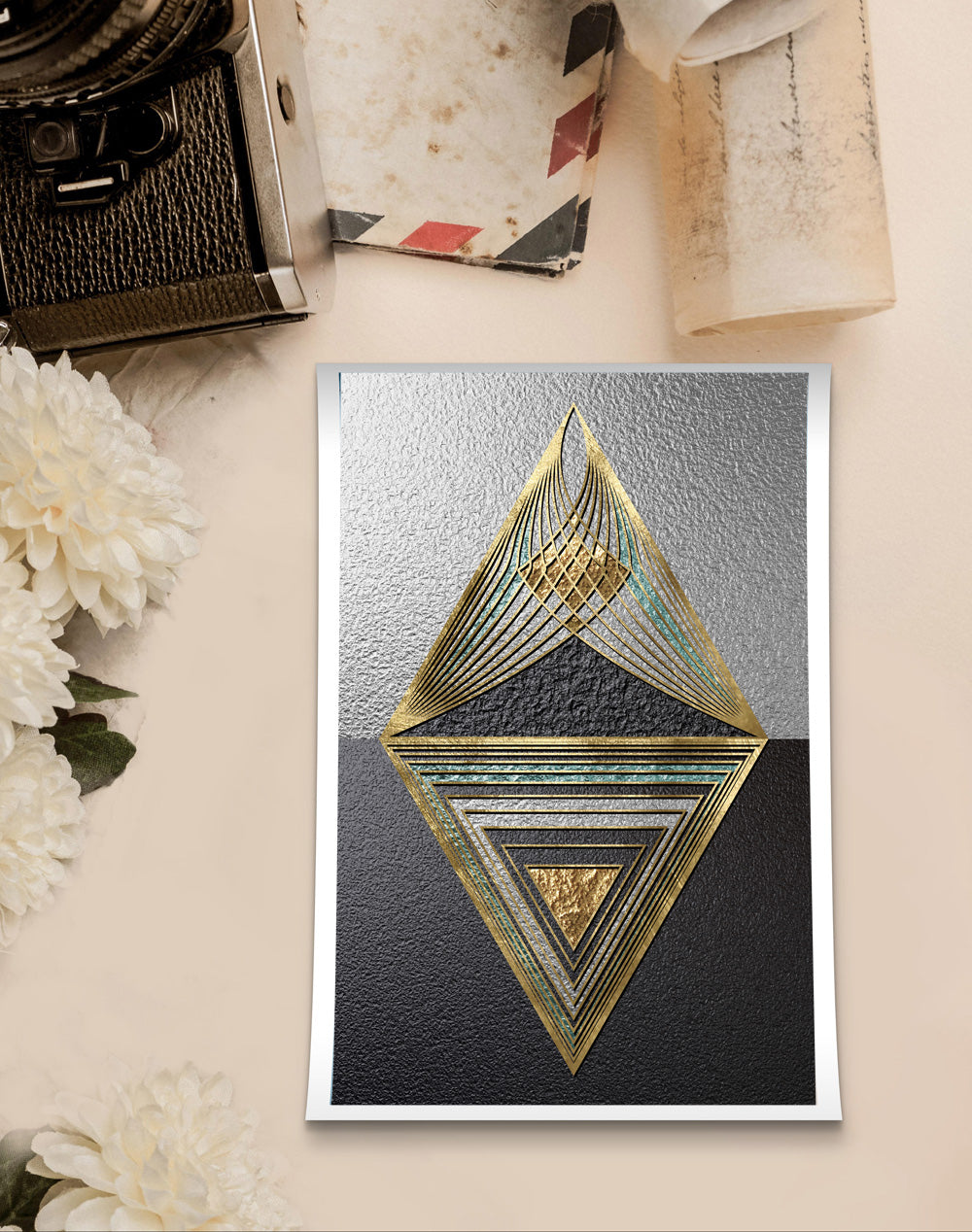 CANVAS GOLDEN PYRAMID ABSTRACT IN GREY TEXTURED BACKGROUND CANVAS PRINTS