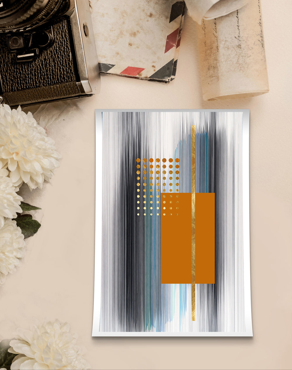 BUY CANVAS PAINTING ORANGE DOTS AND GOLDEN STRIPES ABSTRACT ART