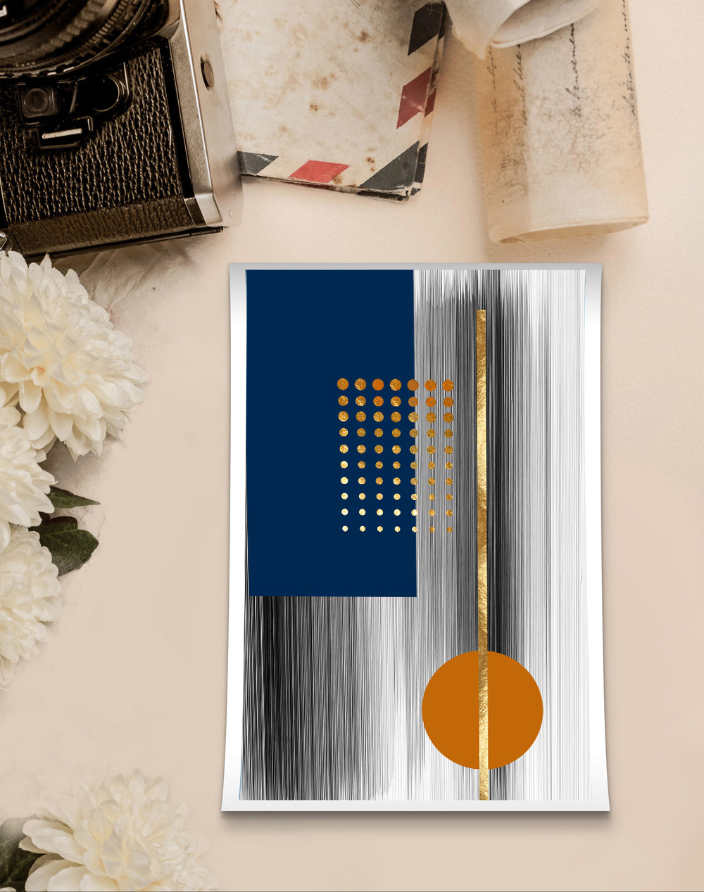 CANVAS ORANGE , BLUE DOTS AND GOLDEN STRIPES ABSTRACT ART CANVAS PRINTS