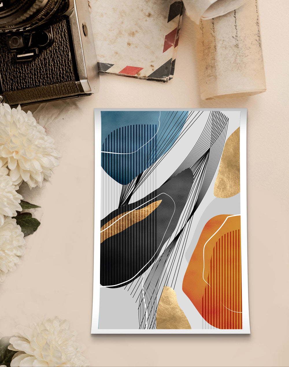 GOLD ,ORANGE, BLUE & BLACK LINE & SHAPES ABSTRACT ART