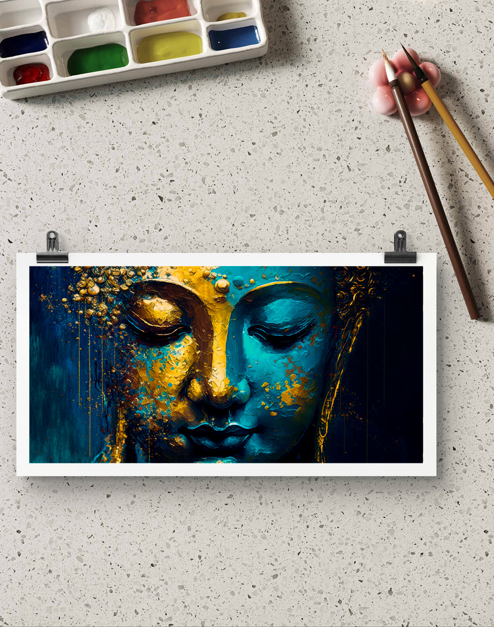 BLUE AND GOLD BUDDHA FACE CANVAS PRINT