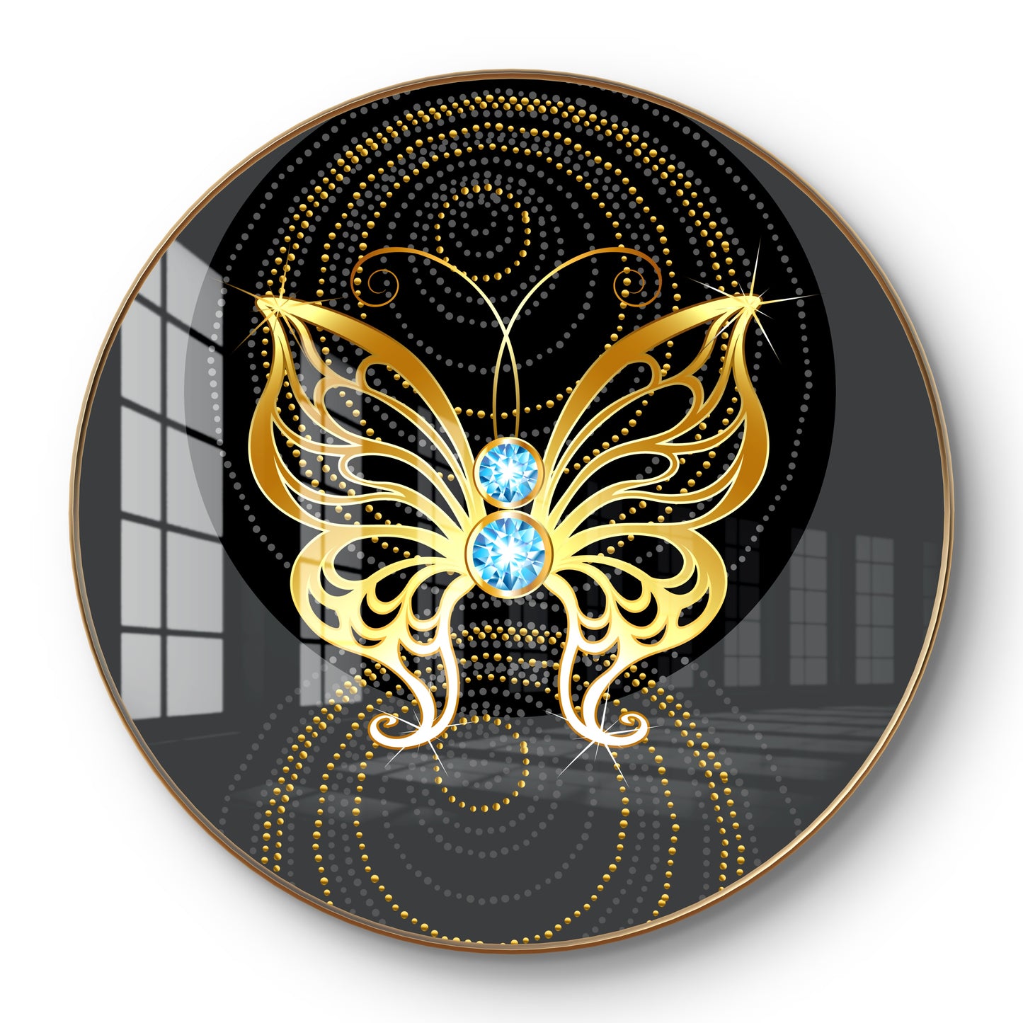 Round golden butterfly crystal resin art work