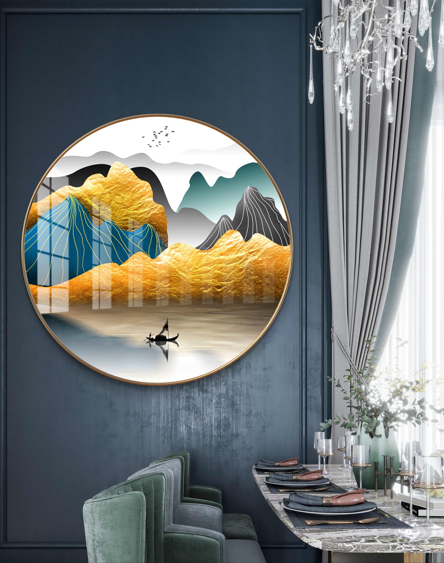 Round golden mountains natural landscape crystal resin art work