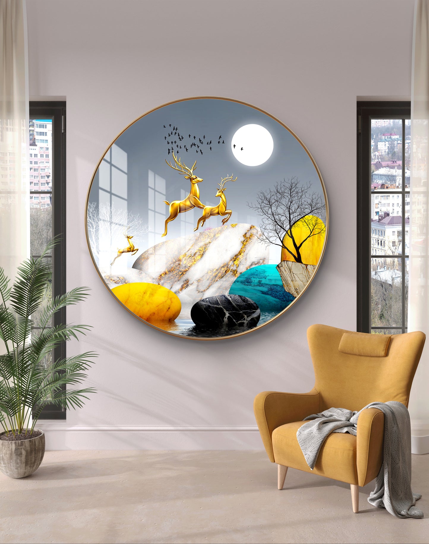 Round golden deer crystal resin art work