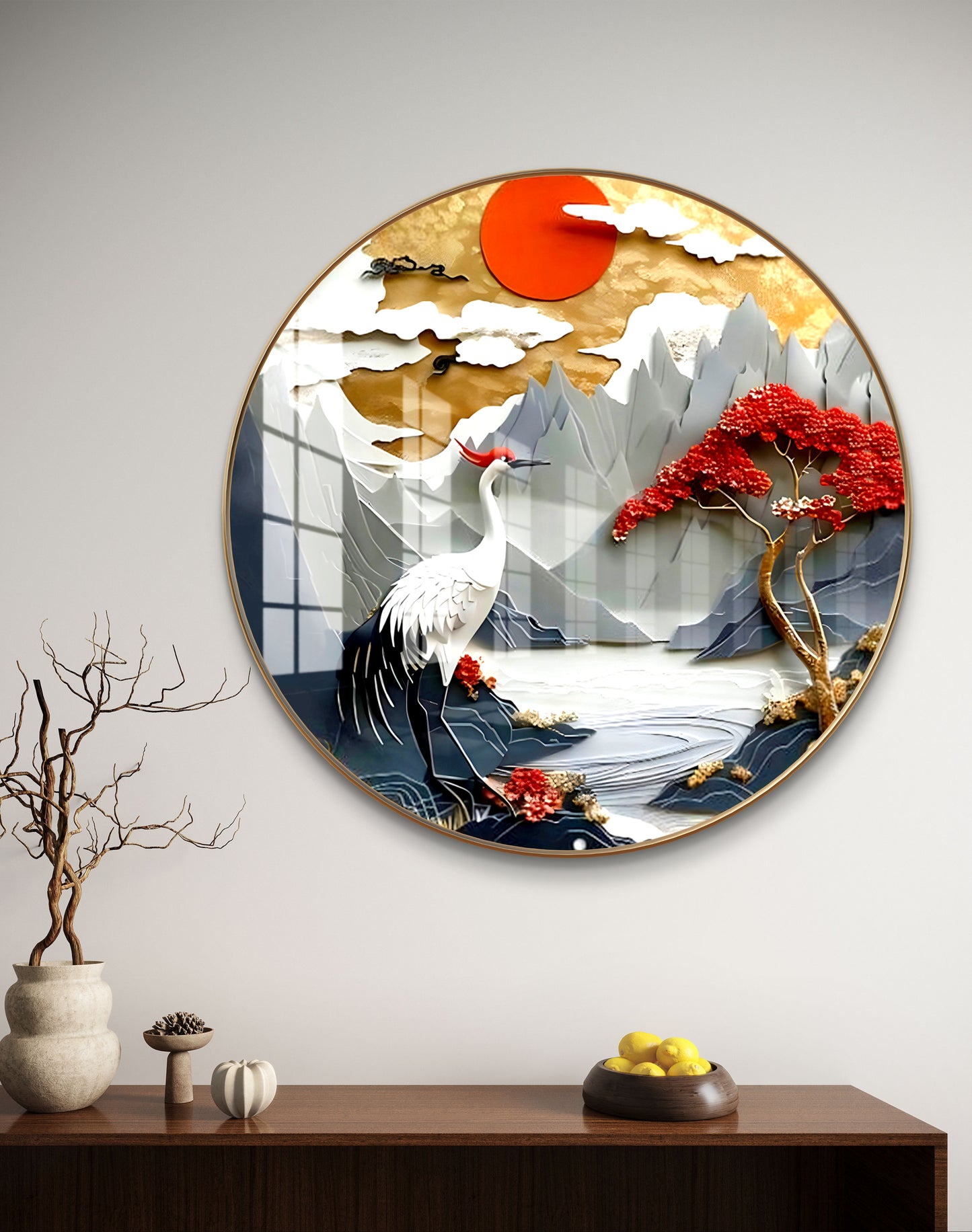Round crane bird crystal resin art work