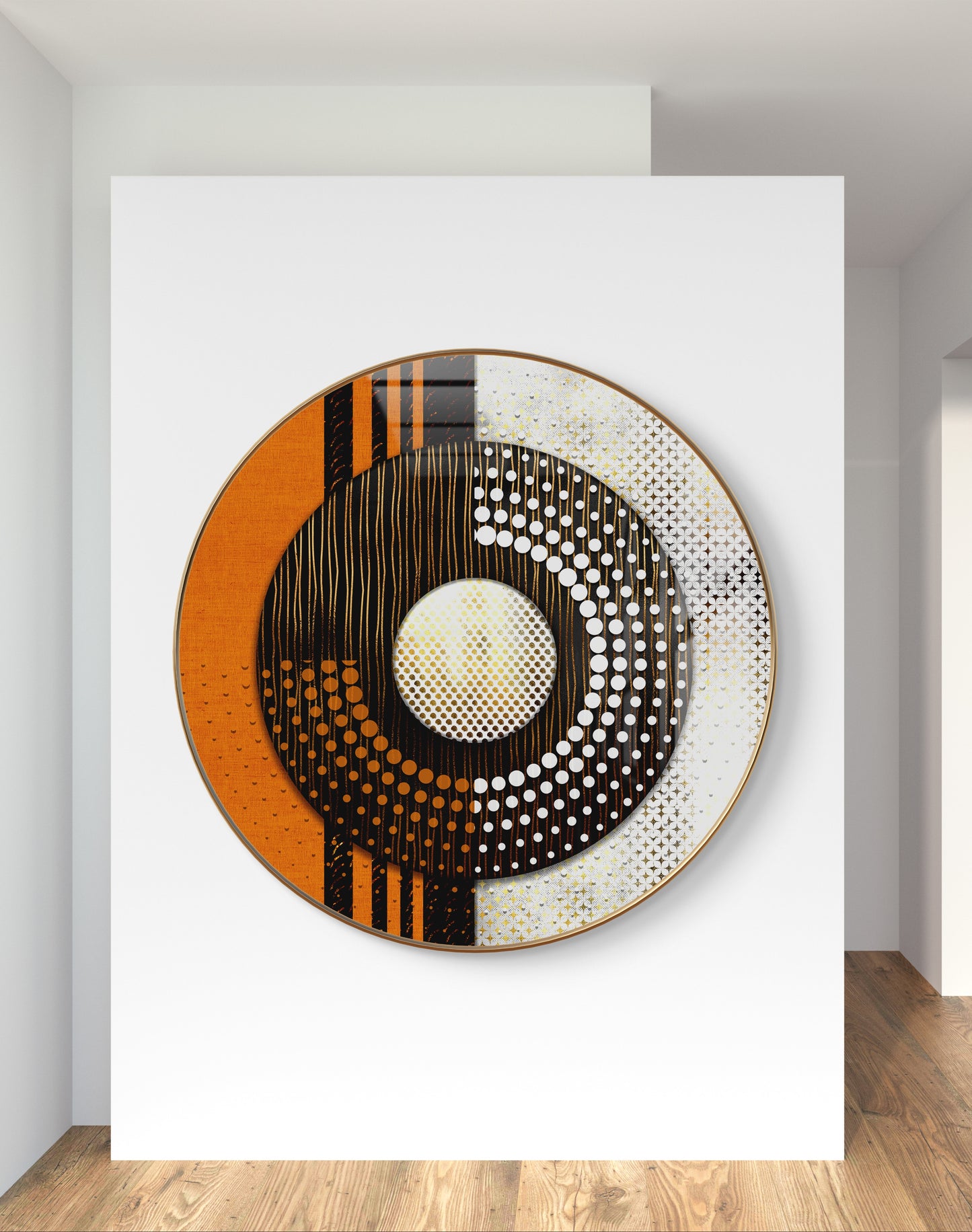 Round orange white and black abstract crystal resin art work
