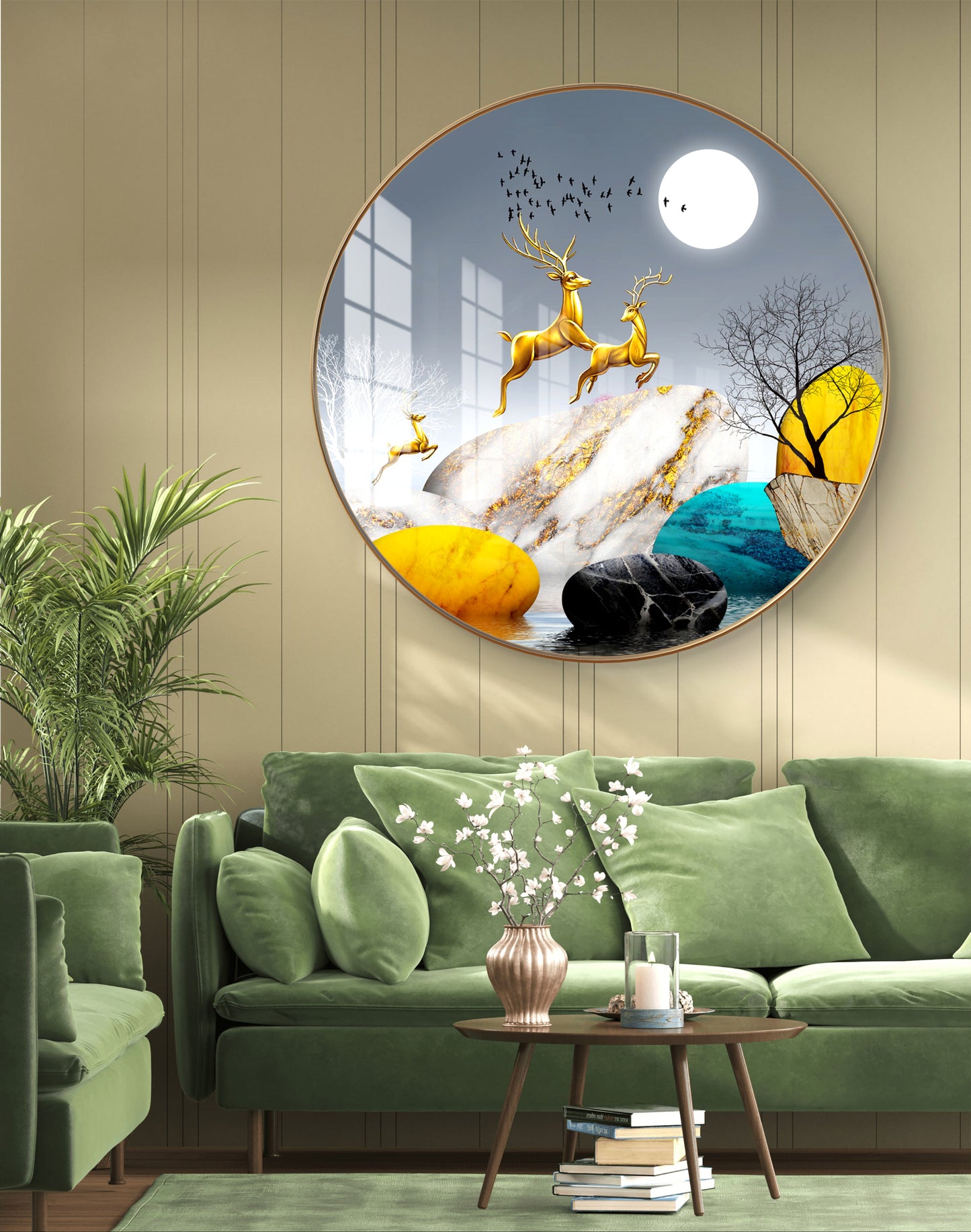 Round golden deer crystal resin art work