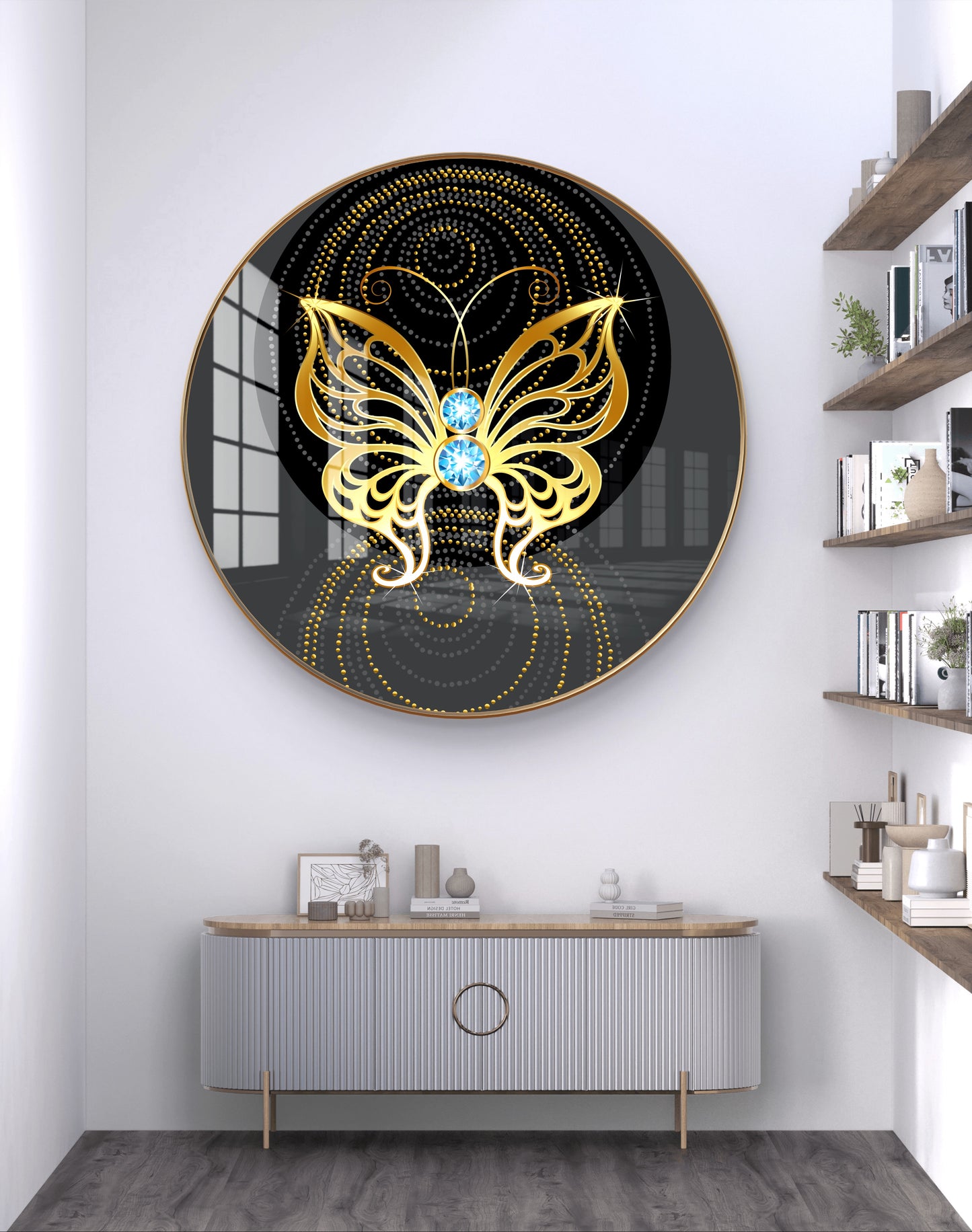 Round golden butterfly crystal resin art work