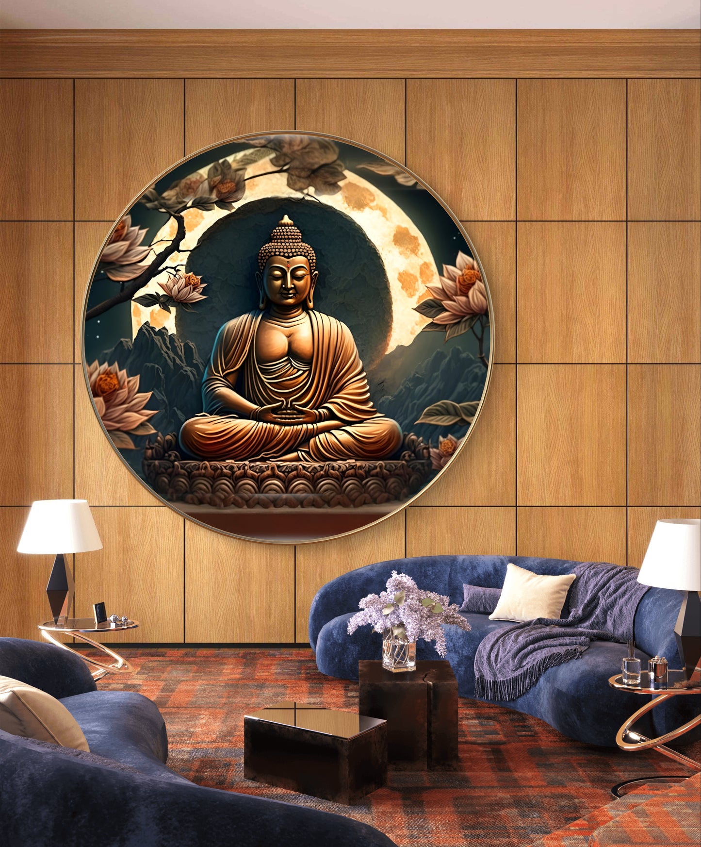 Round epoxy resin cooper Buddha statue painting with flowers