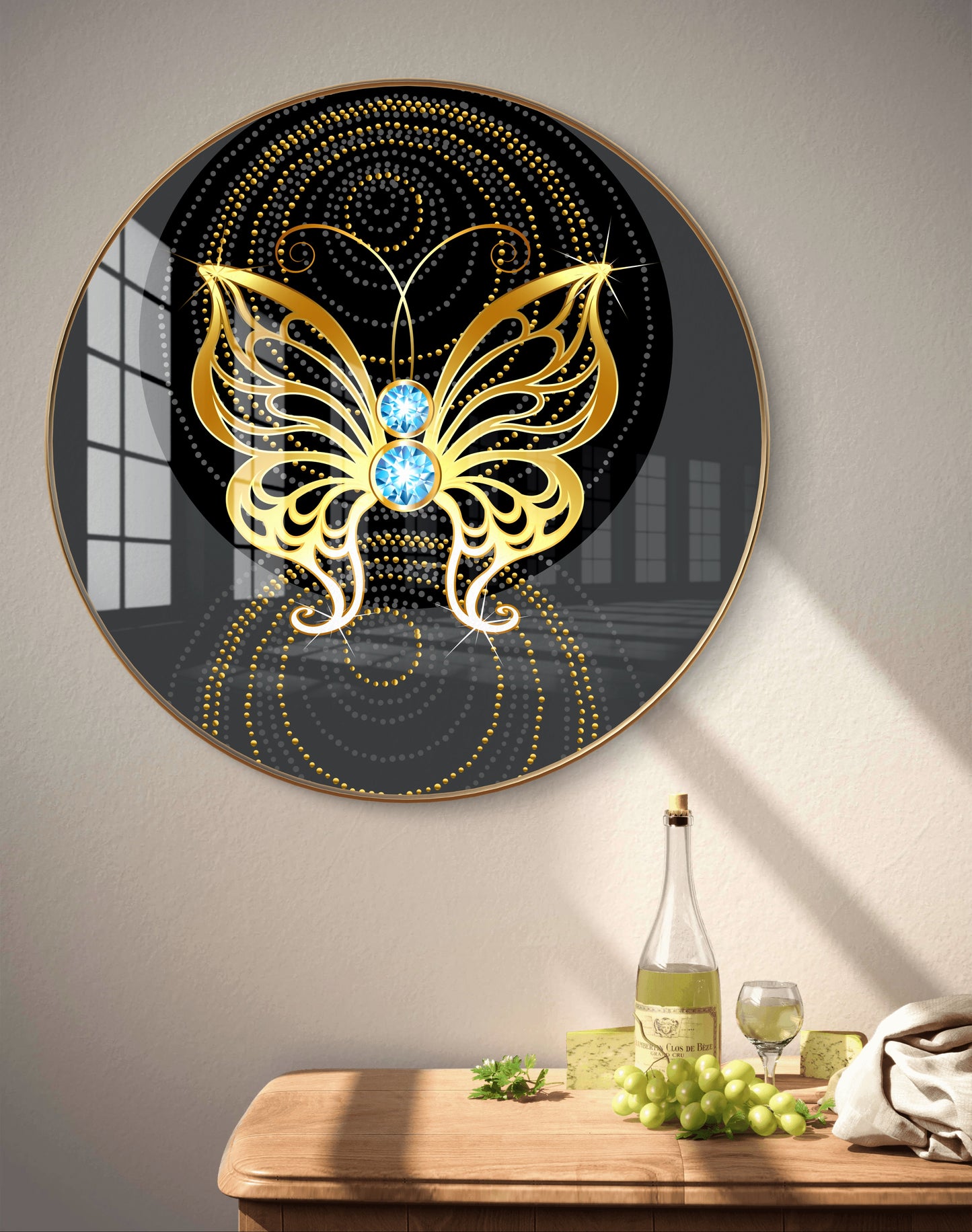 Round golden butterfly crystal resin art work