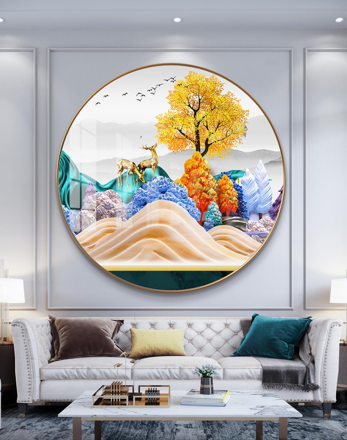 Round golden deer with colourfull trees crystal resin art work