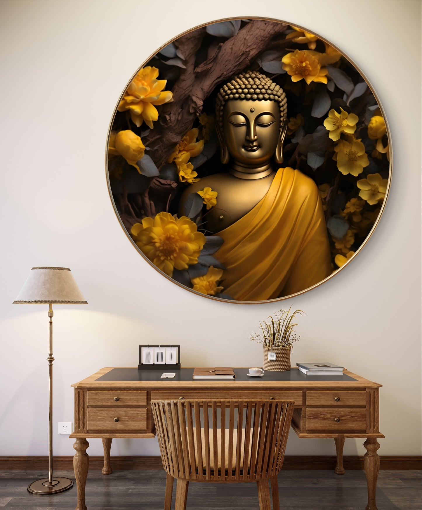 Round epoxy resin yellow flowers with Buddha statue painting