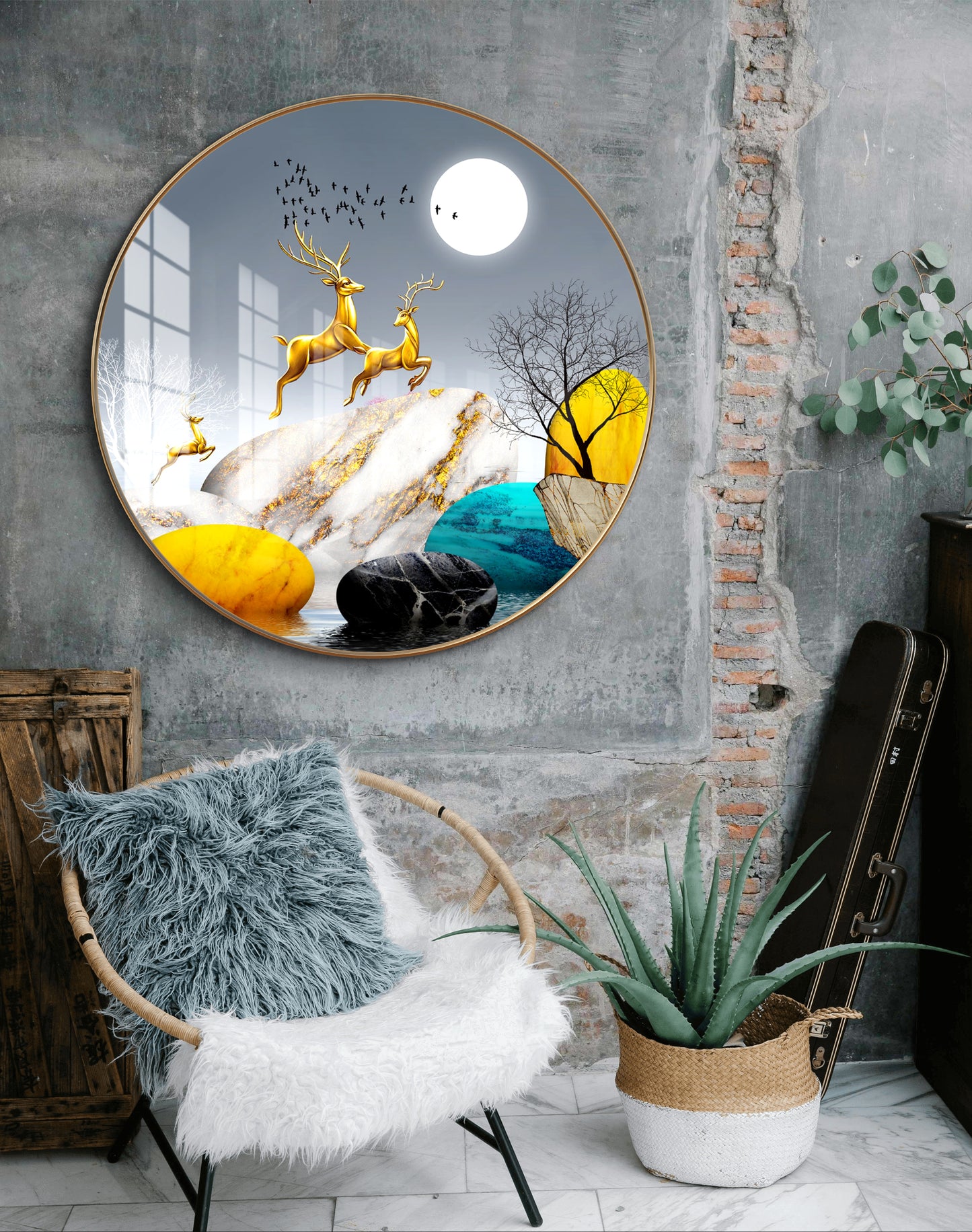 Round golden deer crystal resin art work