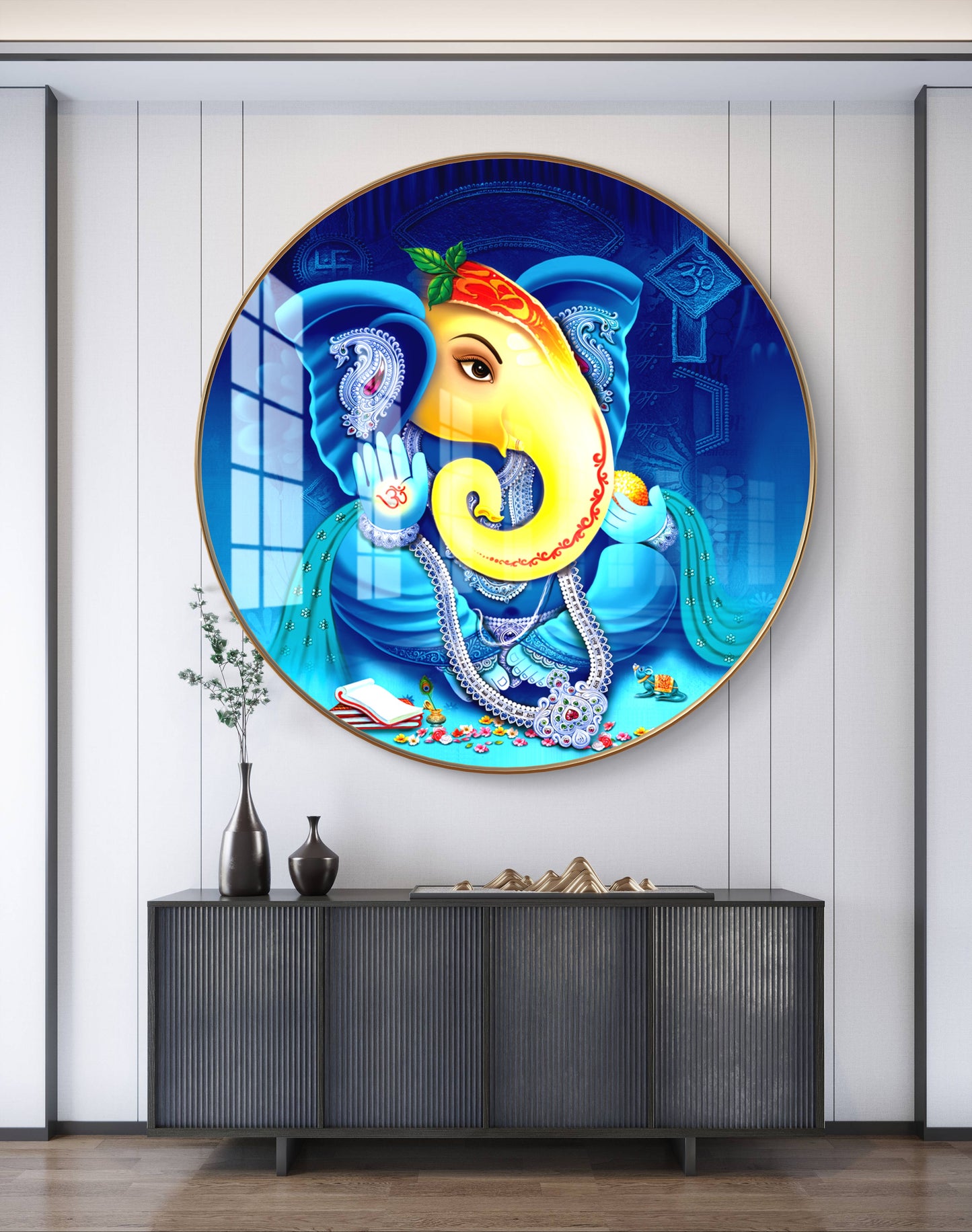 Round colourfull ganpati crystal resin art work