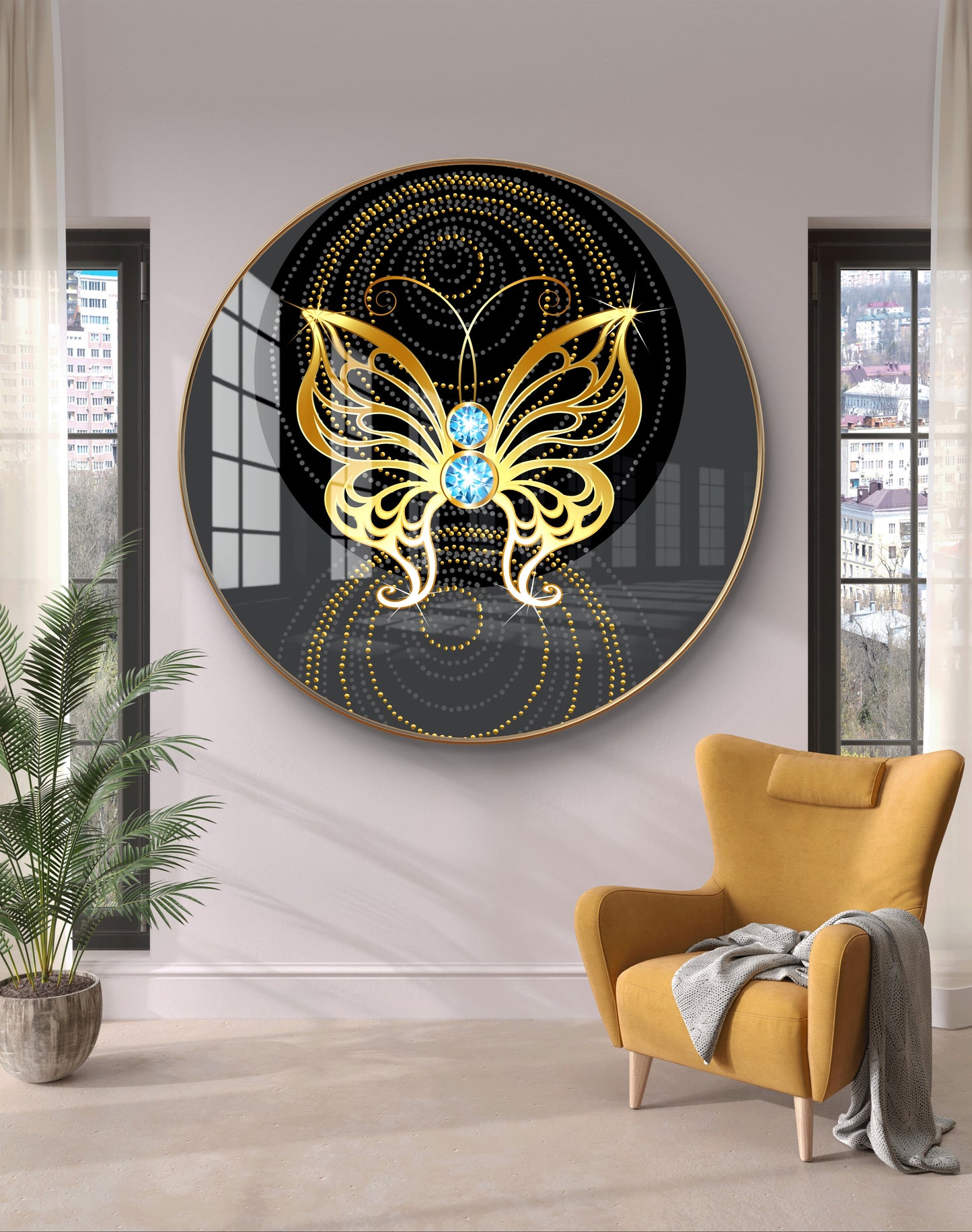 Round golden butterfly crystal resin art work