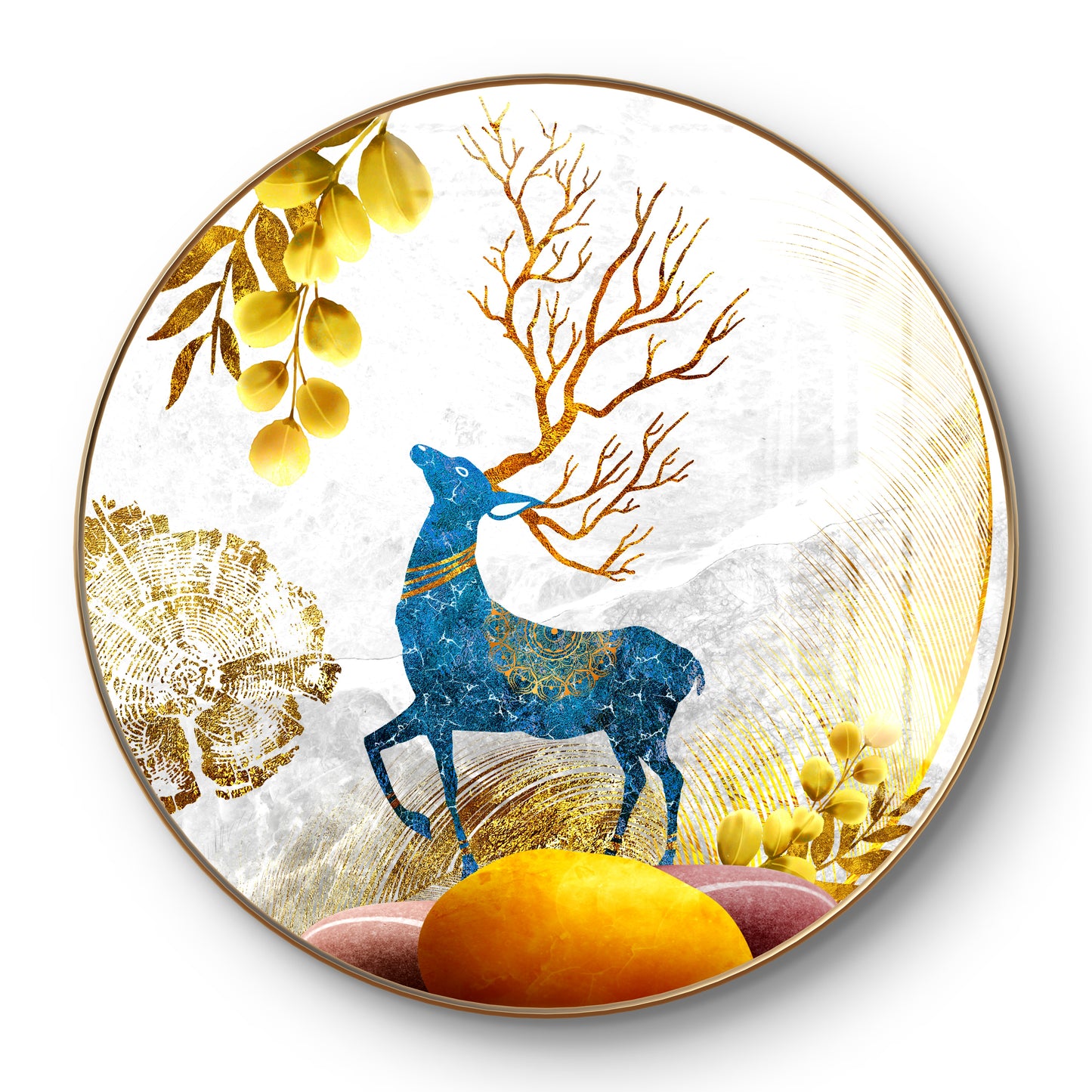 Round blue deer with golden leaves crystal resin art work