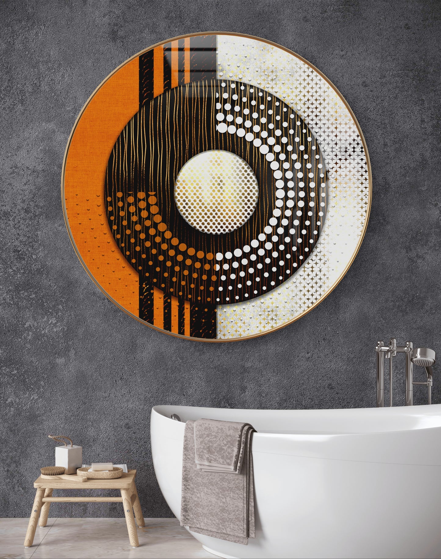 Round orange white and black abstract crystal resin art work