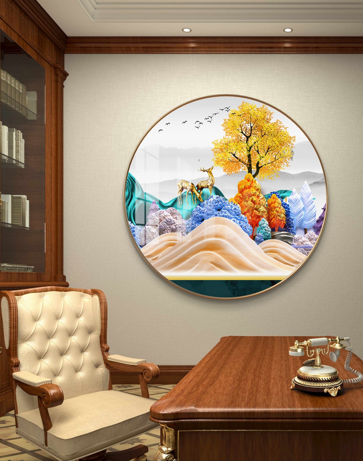 Round golden deer with colourfull trees crystal resin art work