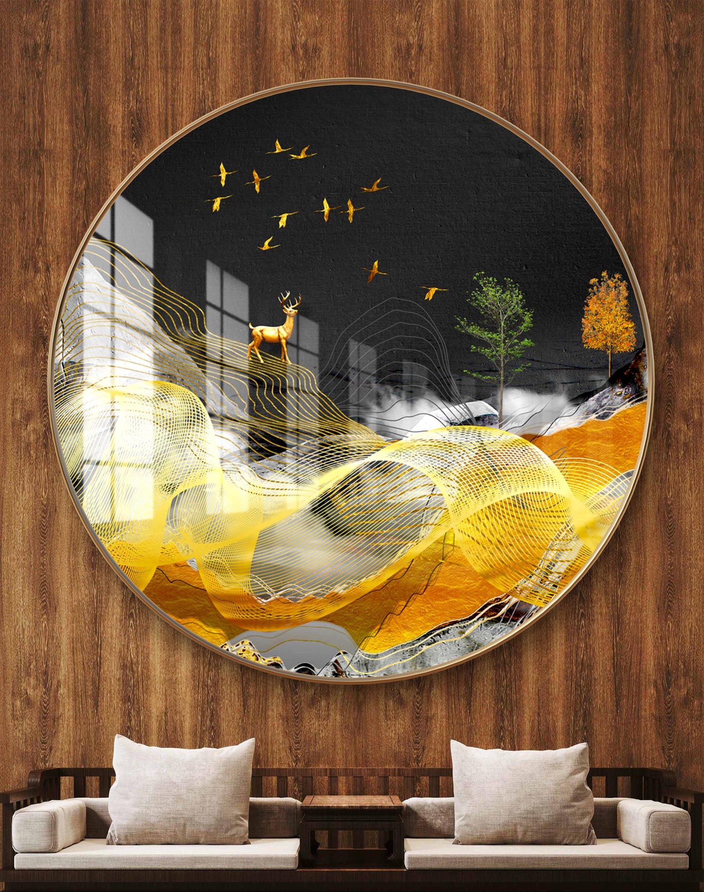 Round deer with birds and golden waves crystal resin art work