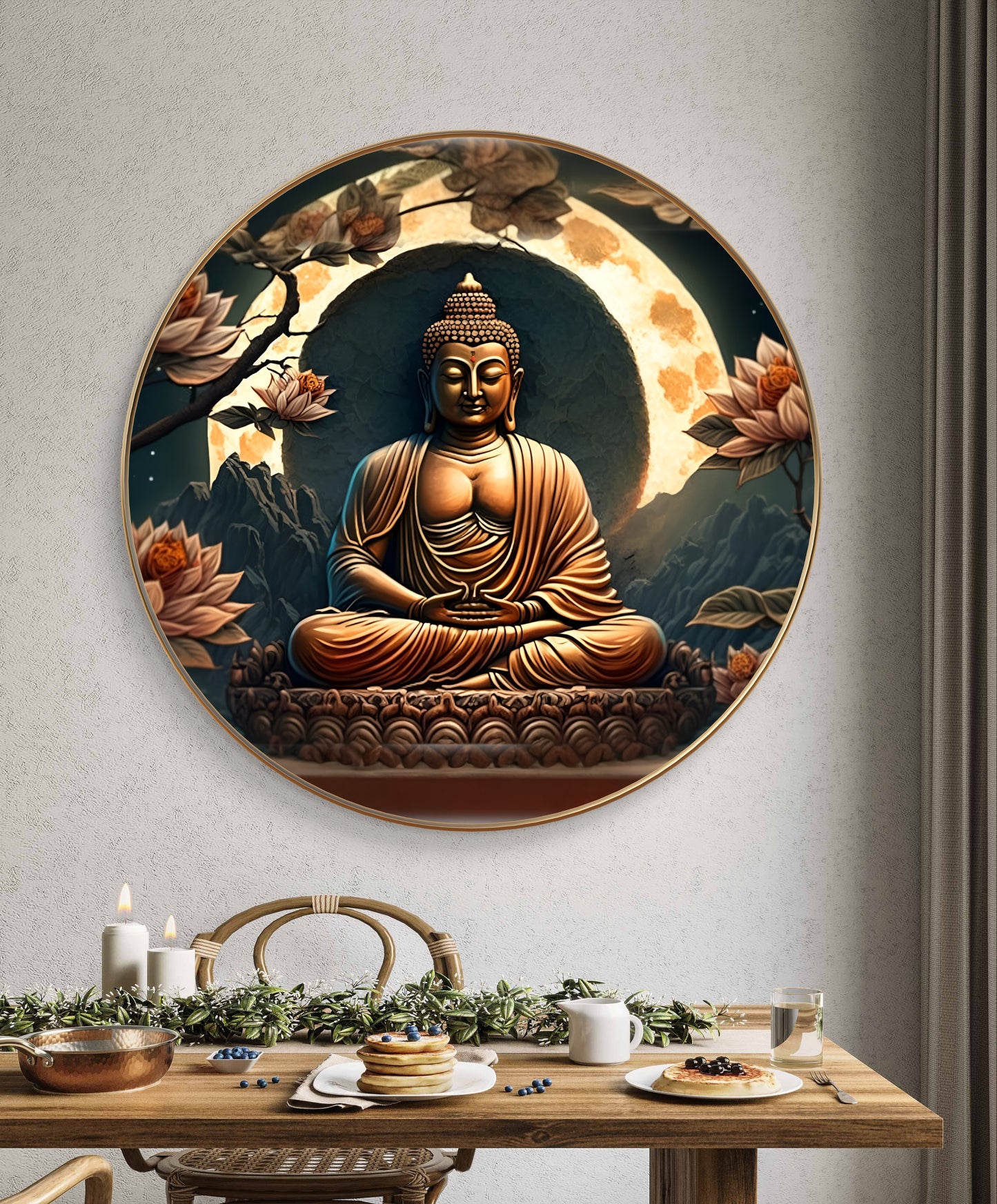Round epoxy resin cooper Buddha statue painting with flowers