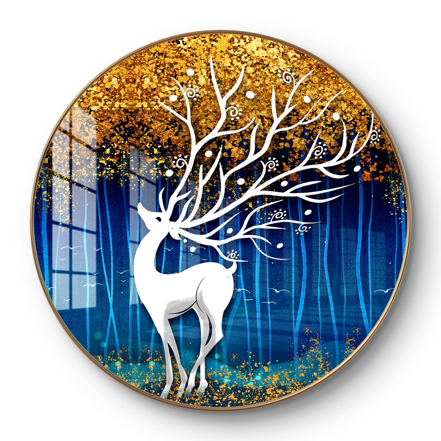Round silver deer with blue-golden background crystal resin art work
