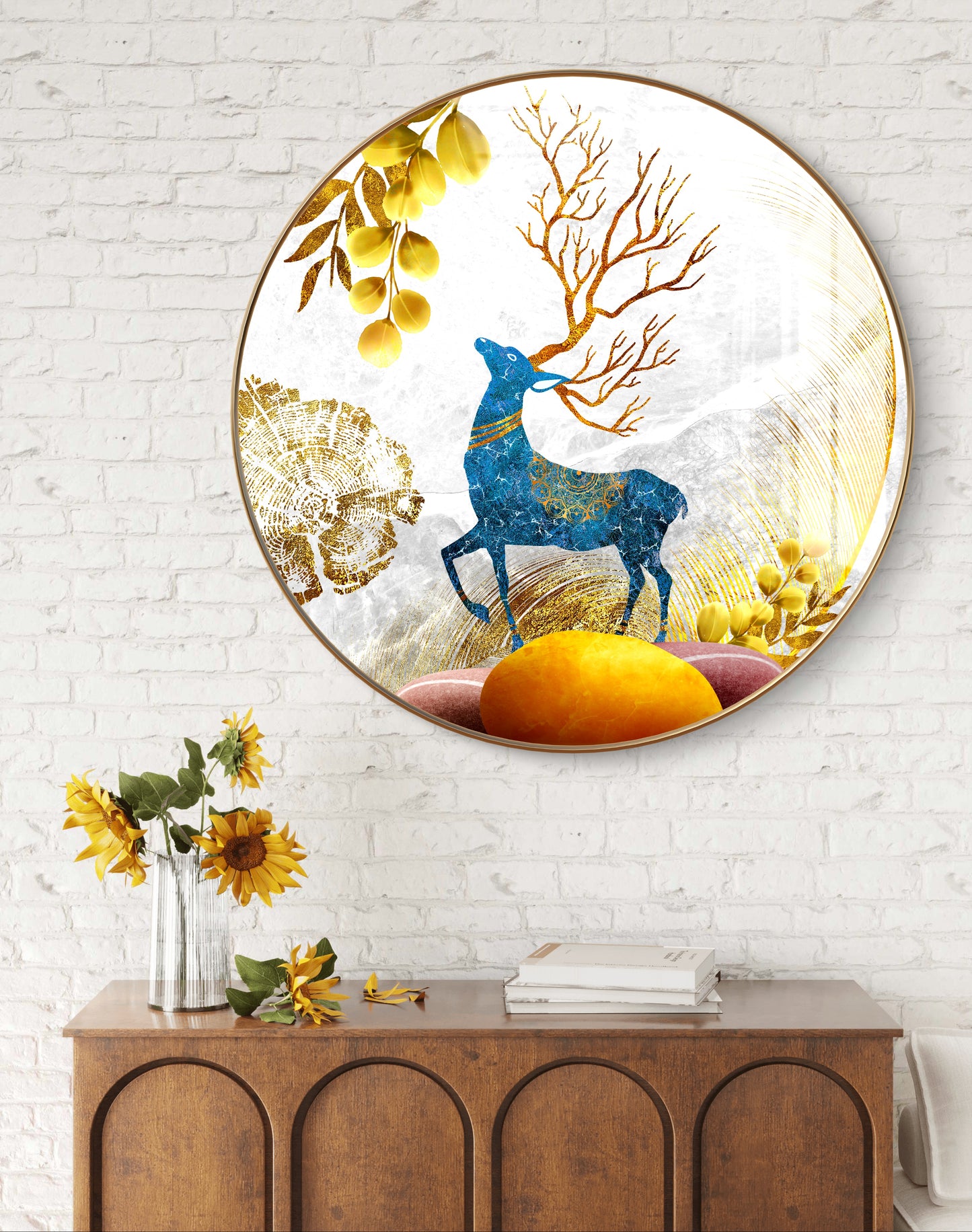Round blue deer with golden leaves crystal resin art work