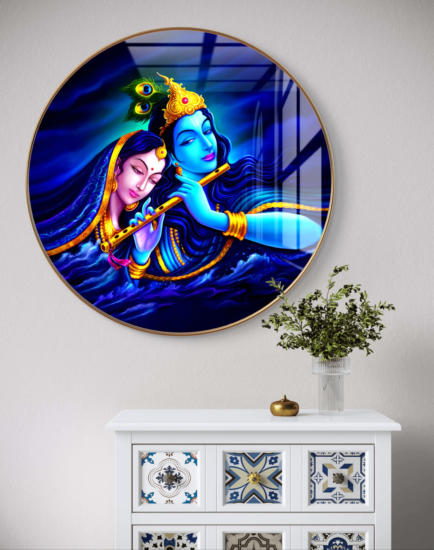 Round blue radha krishna crystal resin art work