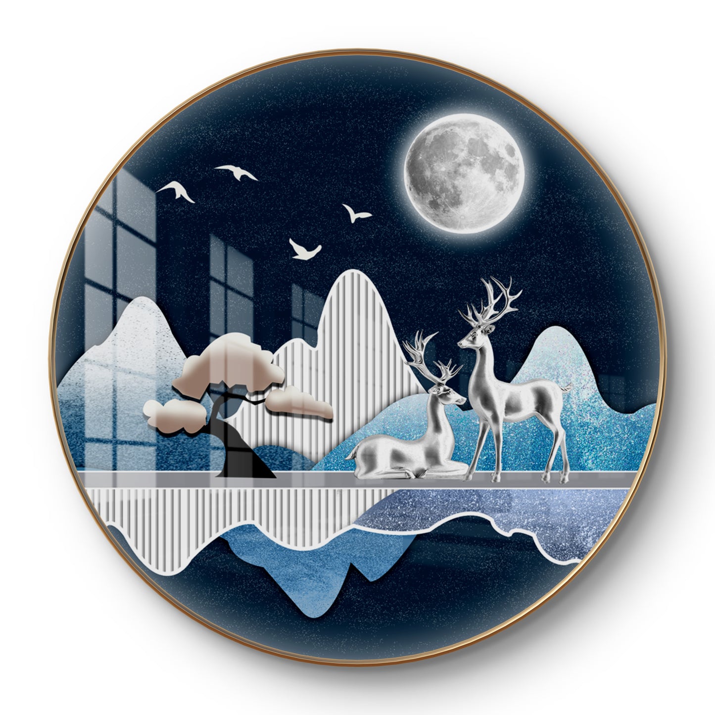 Round silver deer with moon crystal resin art work