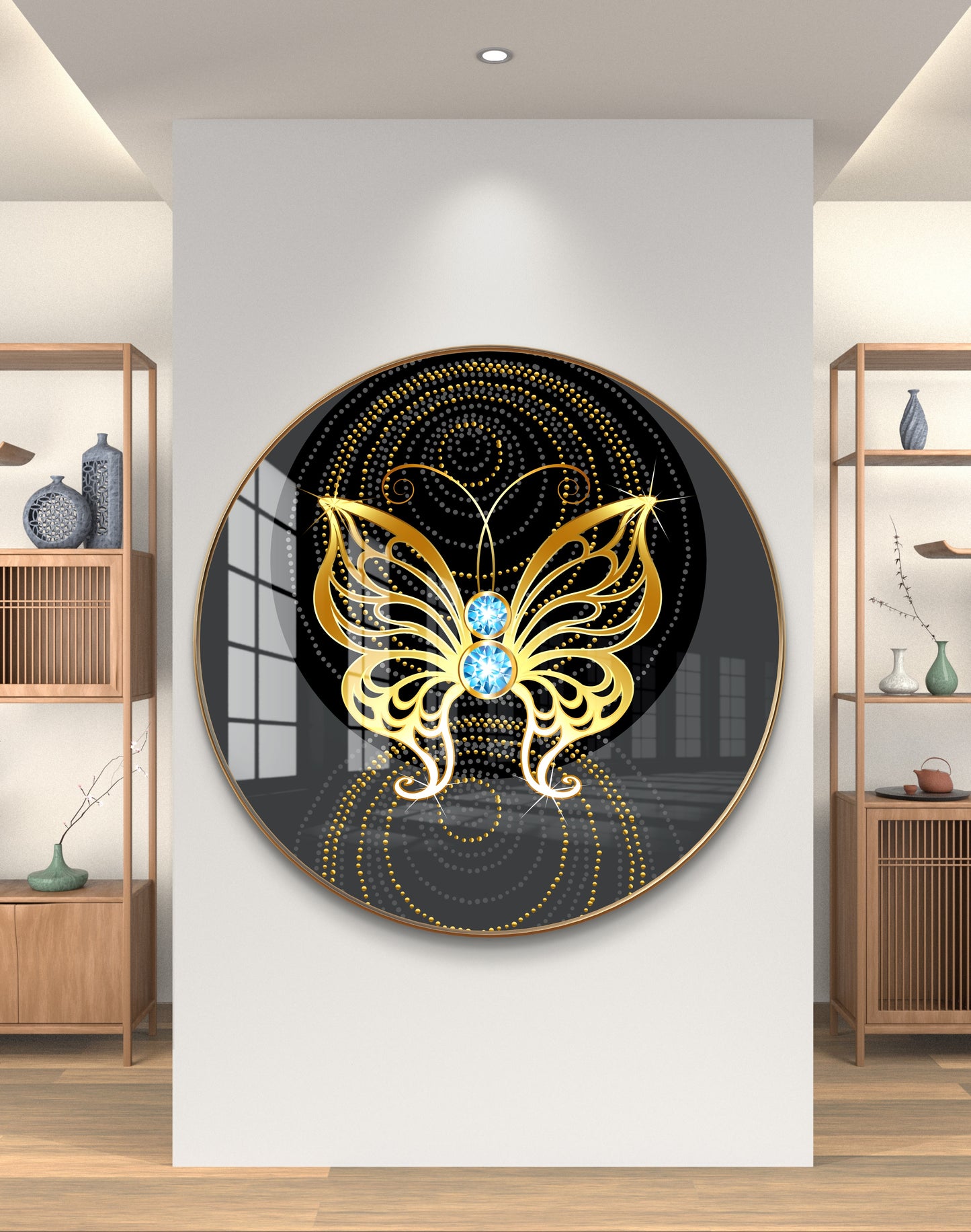 Round golden butterfly crystal resin art work