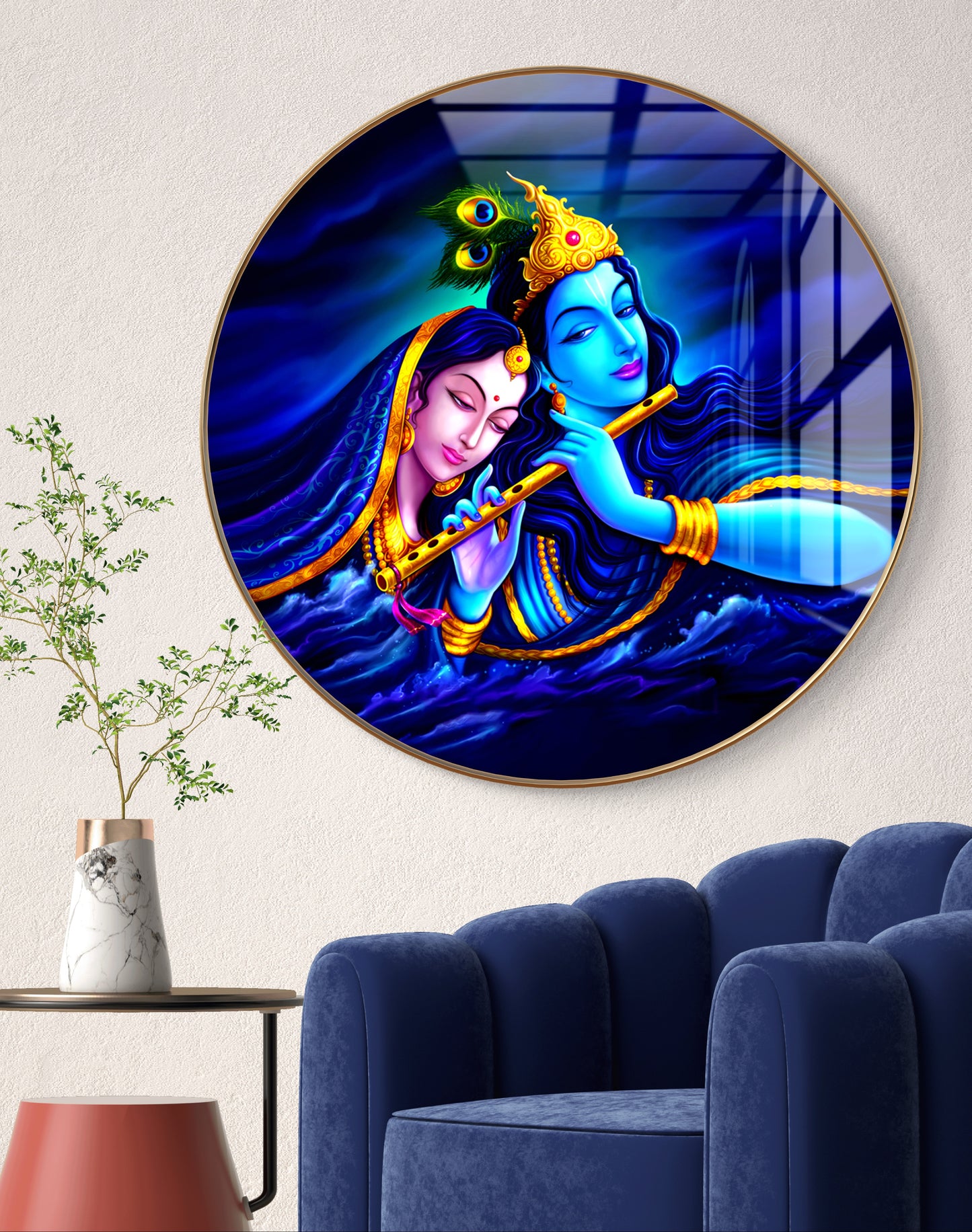 Round blue radha krishna crystal resin art work