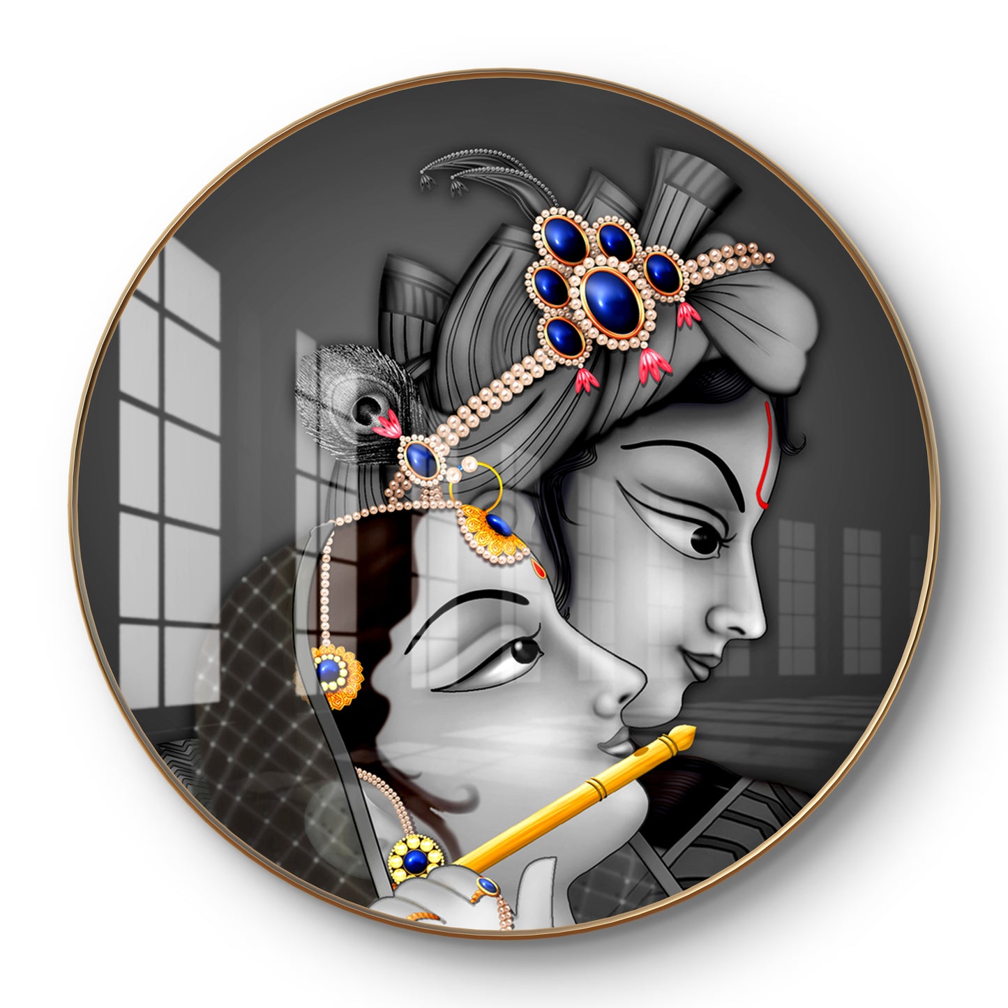 Round radha krishna face black white crystal resin art work