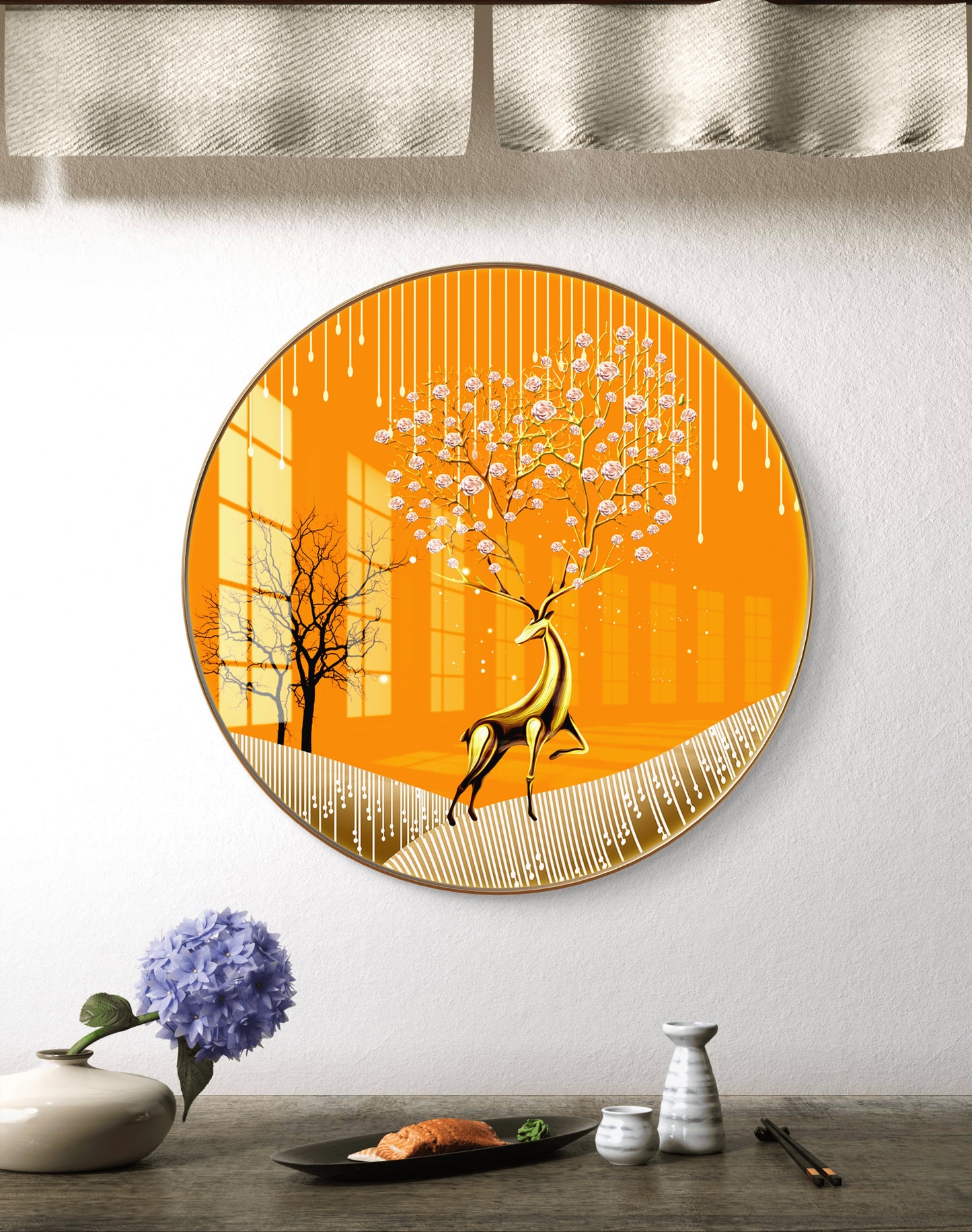 Round golden deer with yellow background crystal resin art work