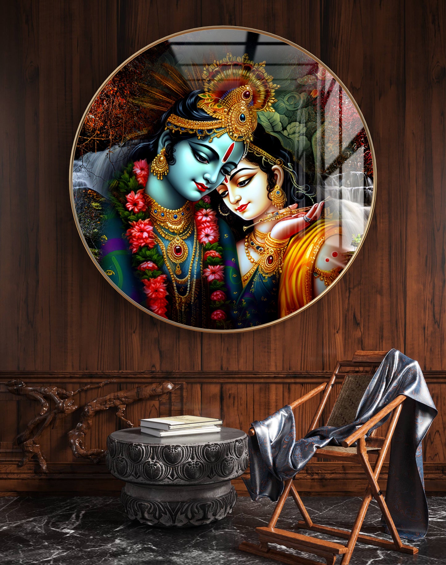 Round radha krishna with stream background crystal resin art work