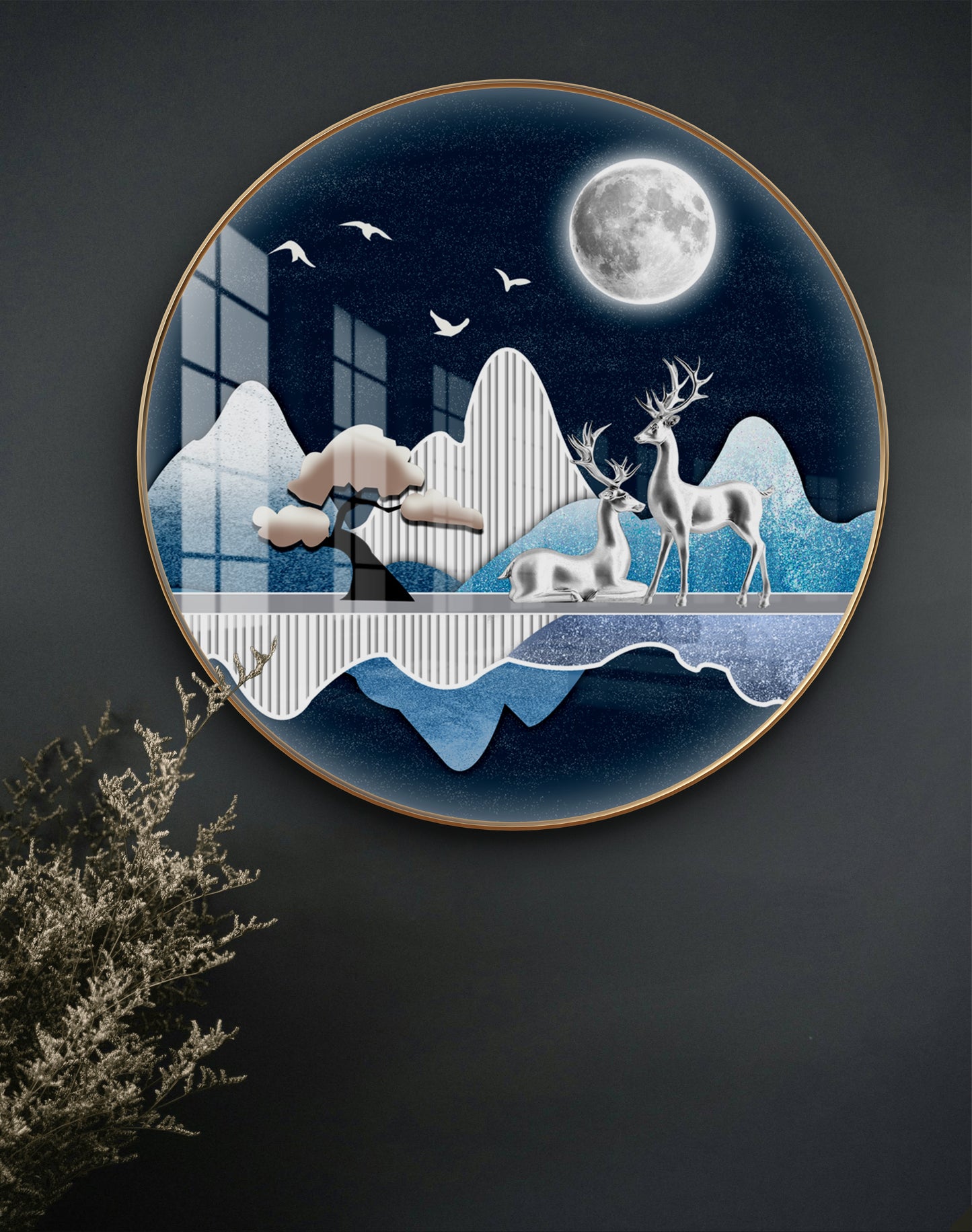 Round silver deer with moon crystal resin art work