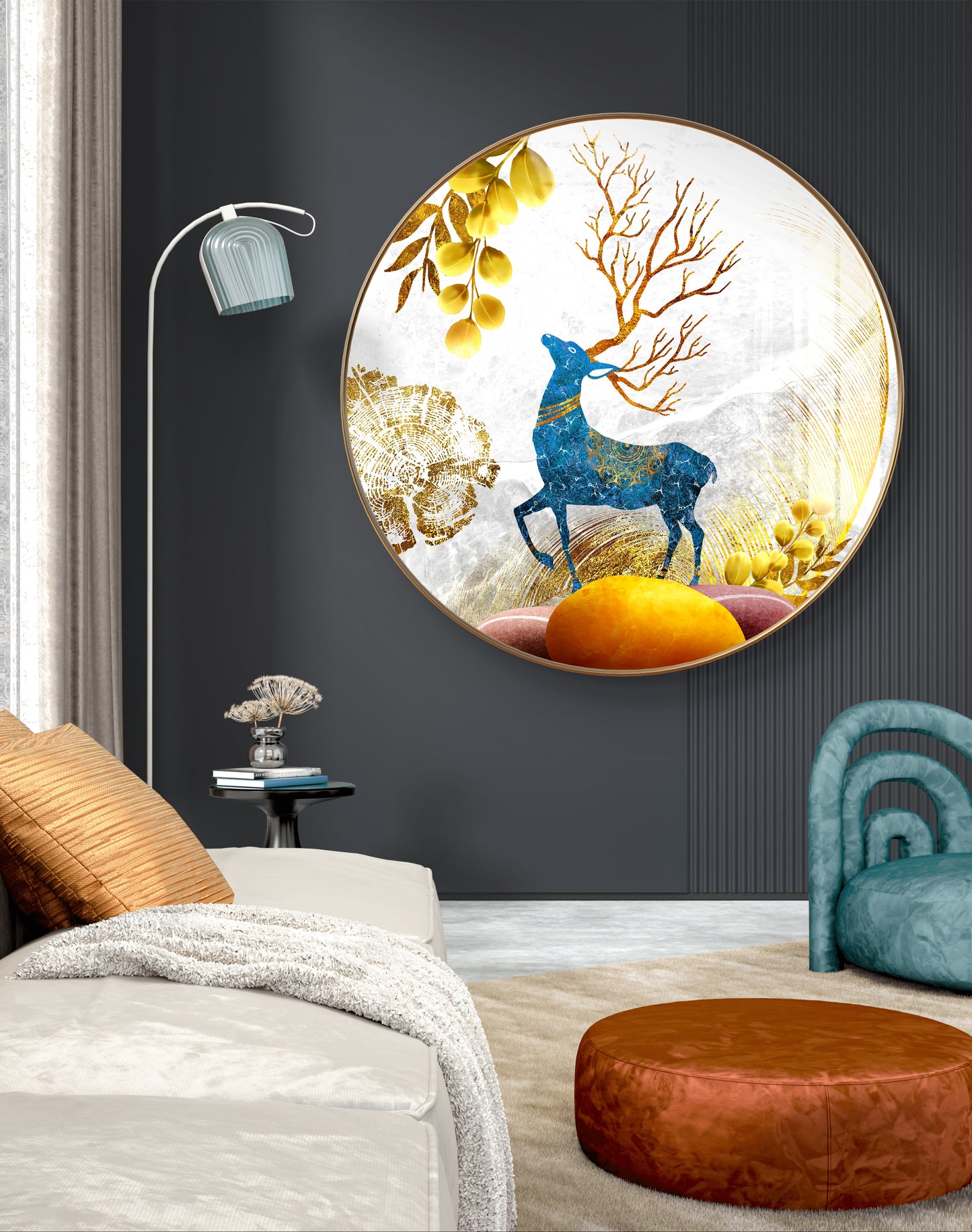 Round blue deer with golden leaves crystal resin art work
