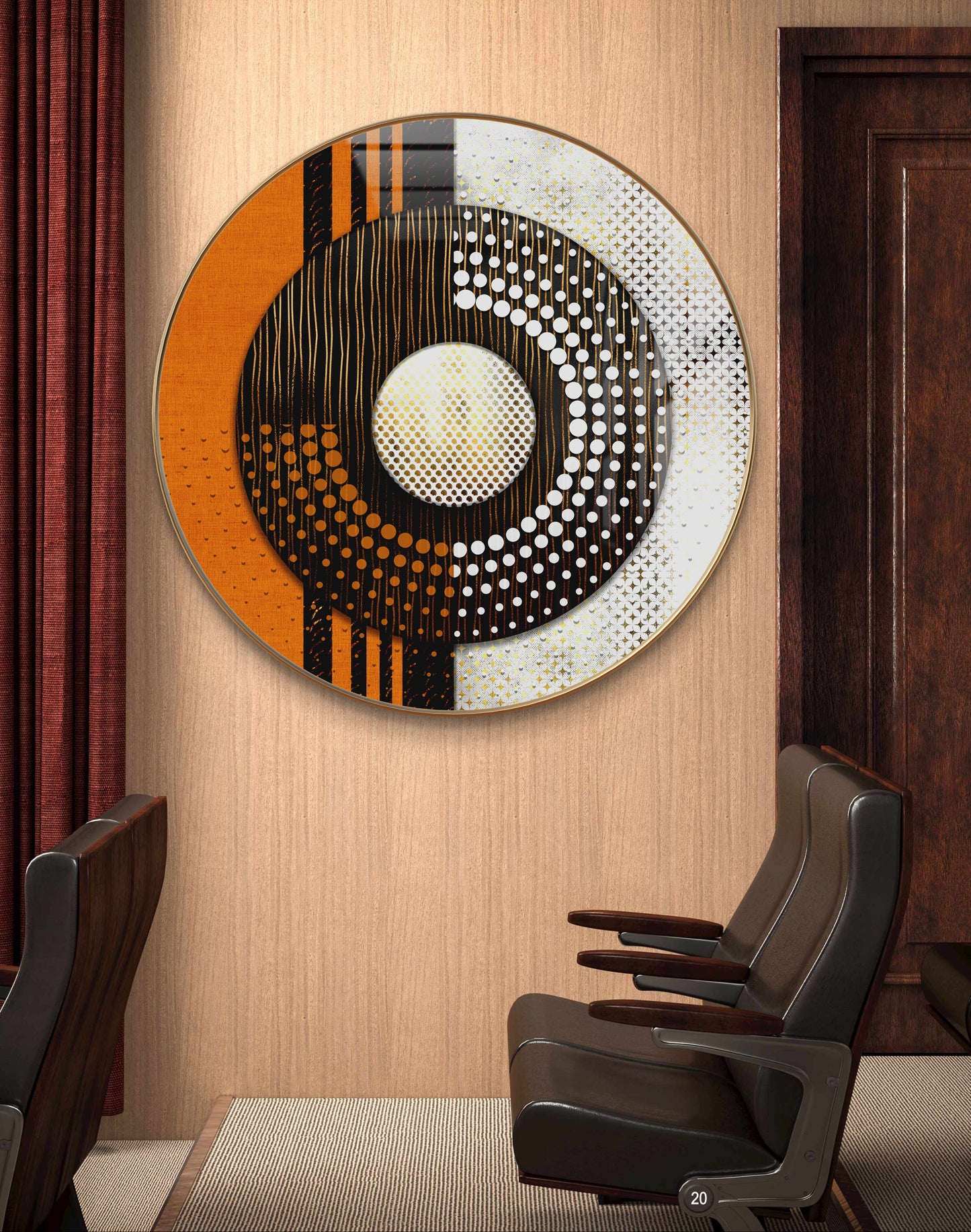 Round orange white and black abstract crystal resin art work
