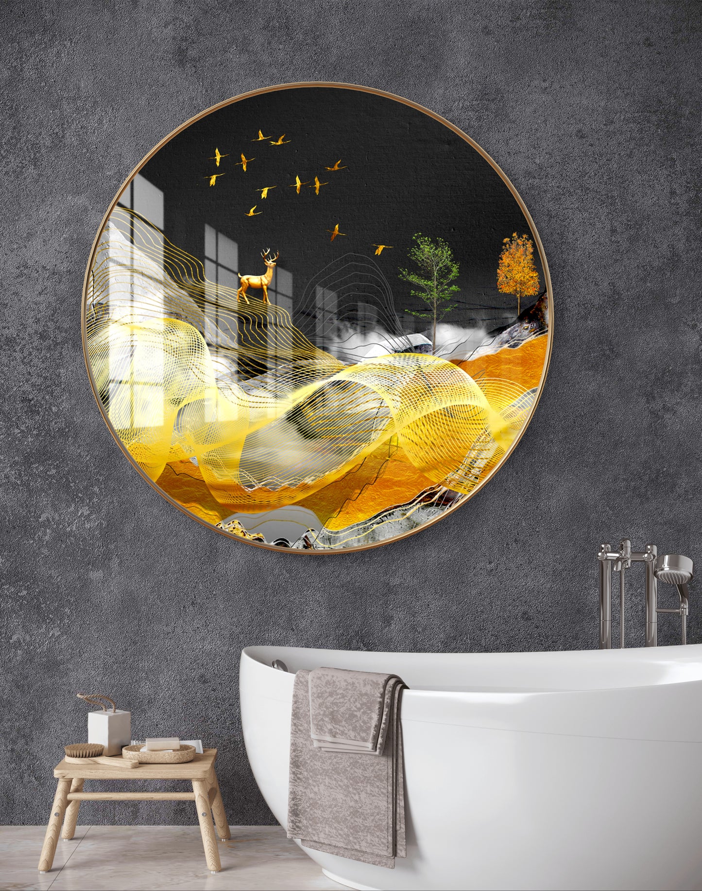 Round deer with birds and golden waves crystal resin art work
