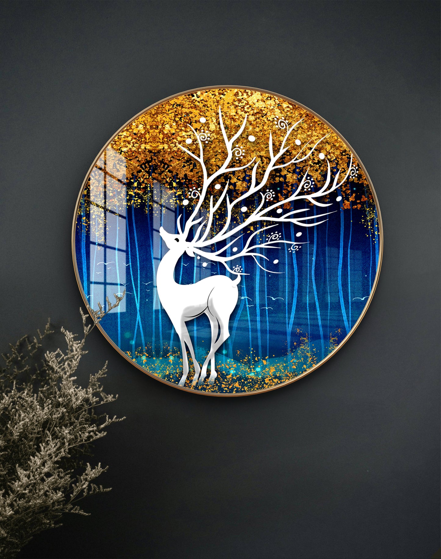 Round silver deer with blue-golden background crystal resin art work