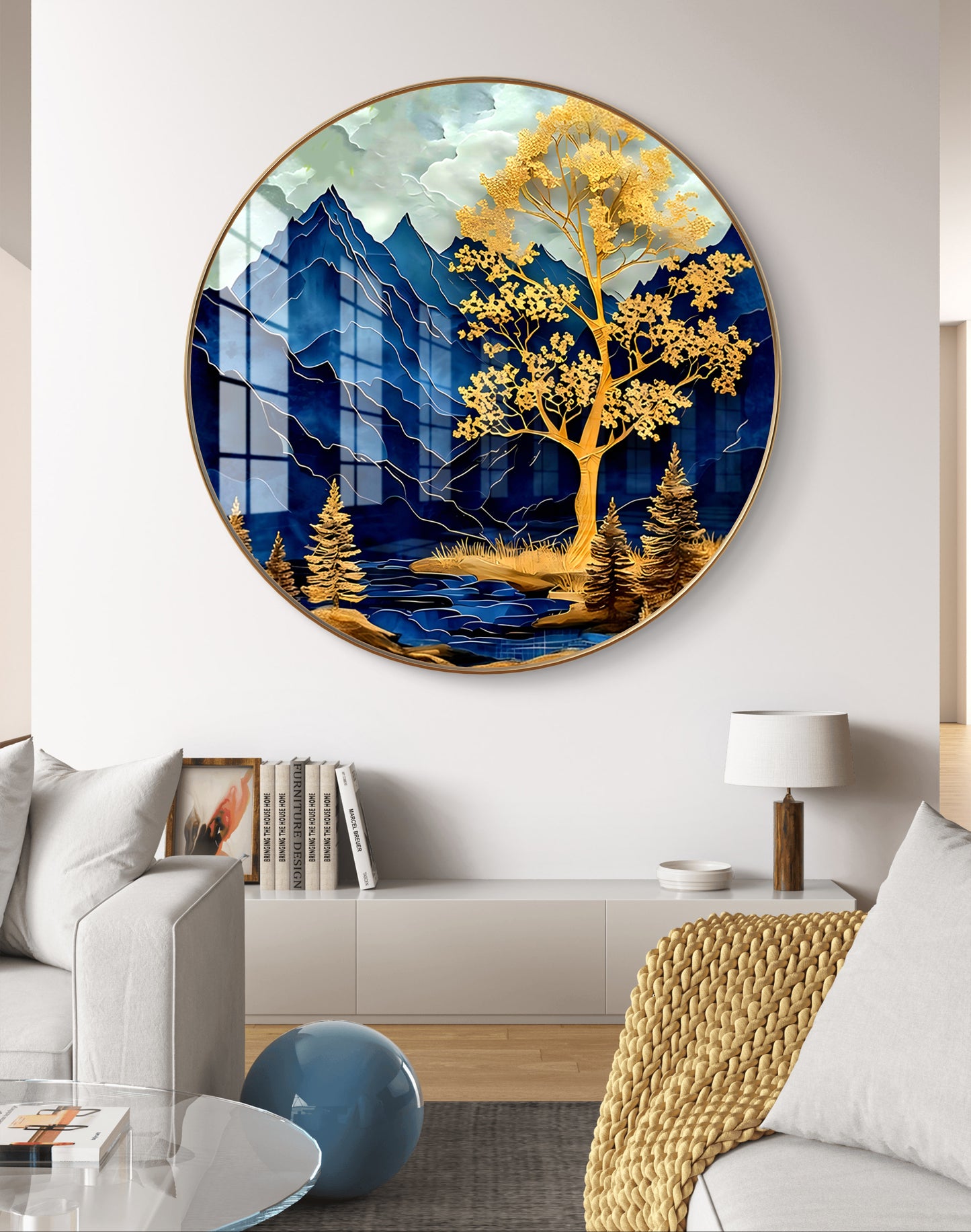 Round golden tree abstract crystal resin art work