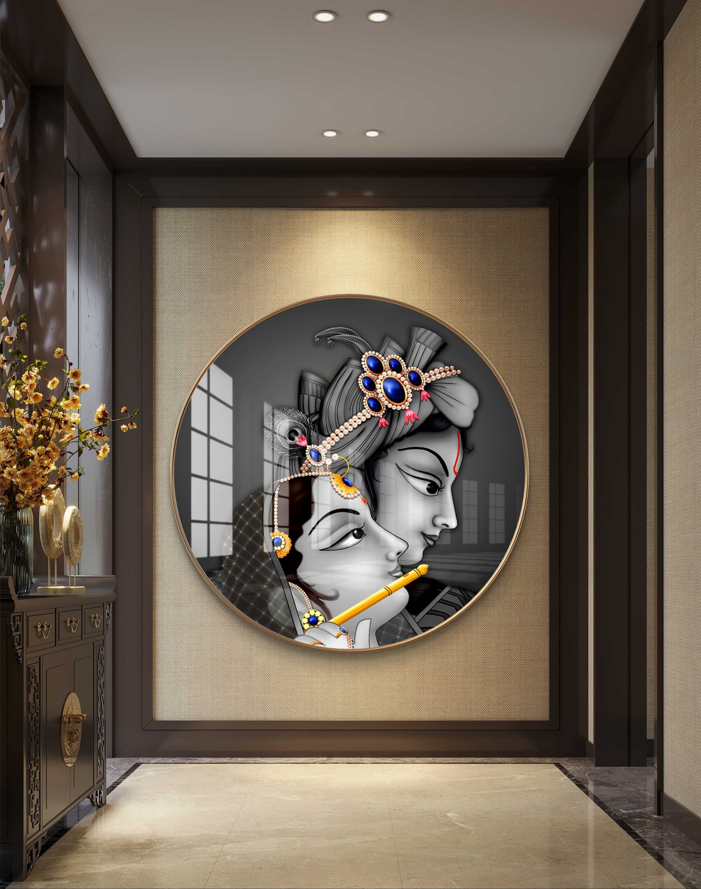 Round radha krishna face black white crystal resin art work
