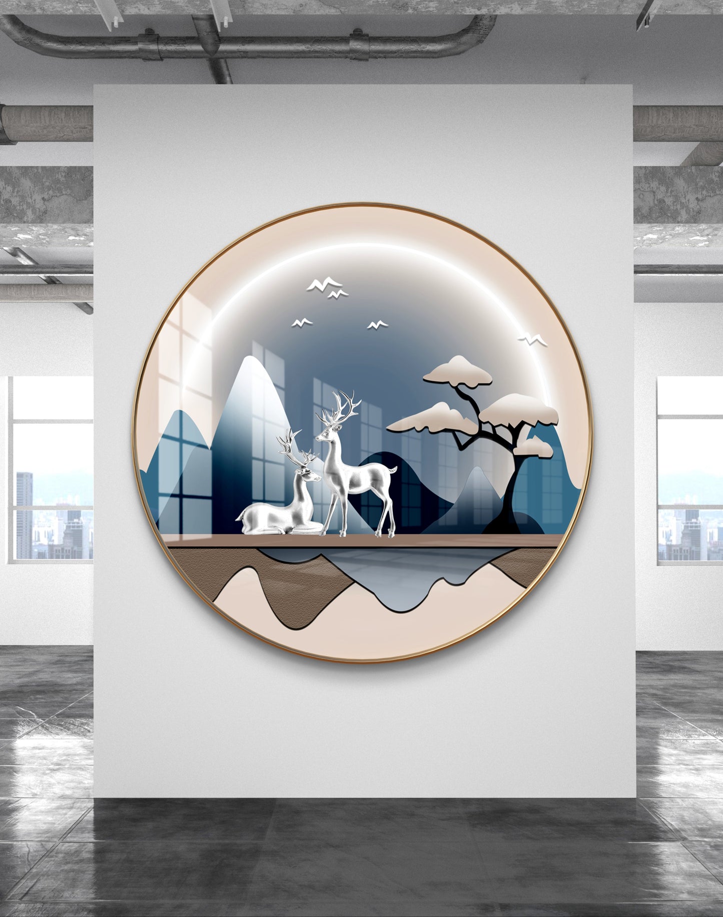Round silver deer crystal resin art work