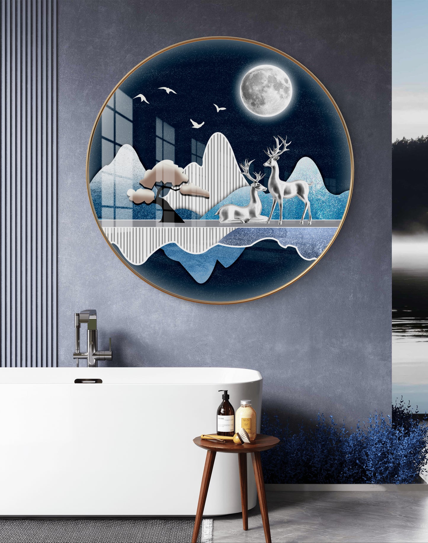 Round silver deer with moon crystal resin art work