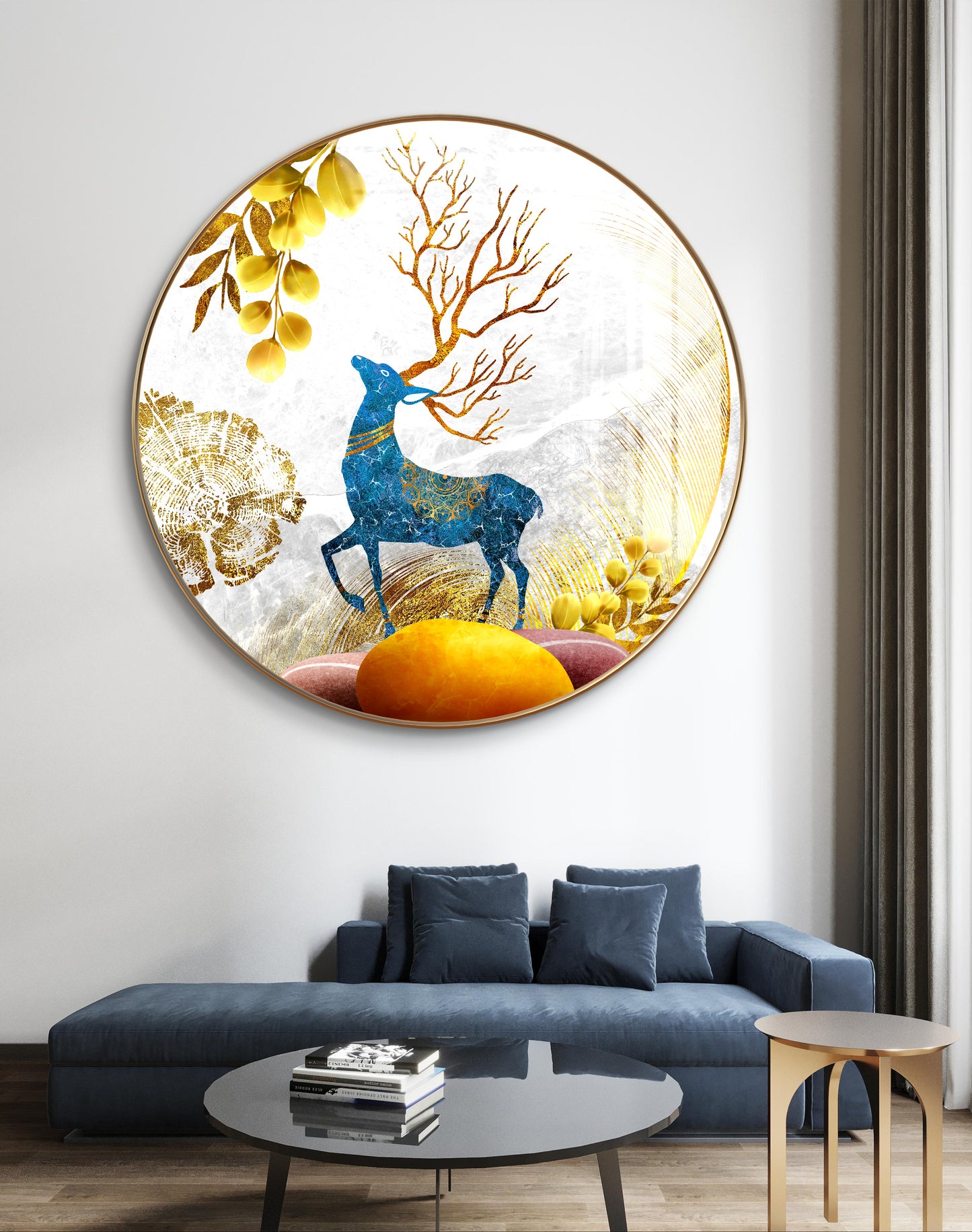 Round blue deer with golden leaves crystal resin art work