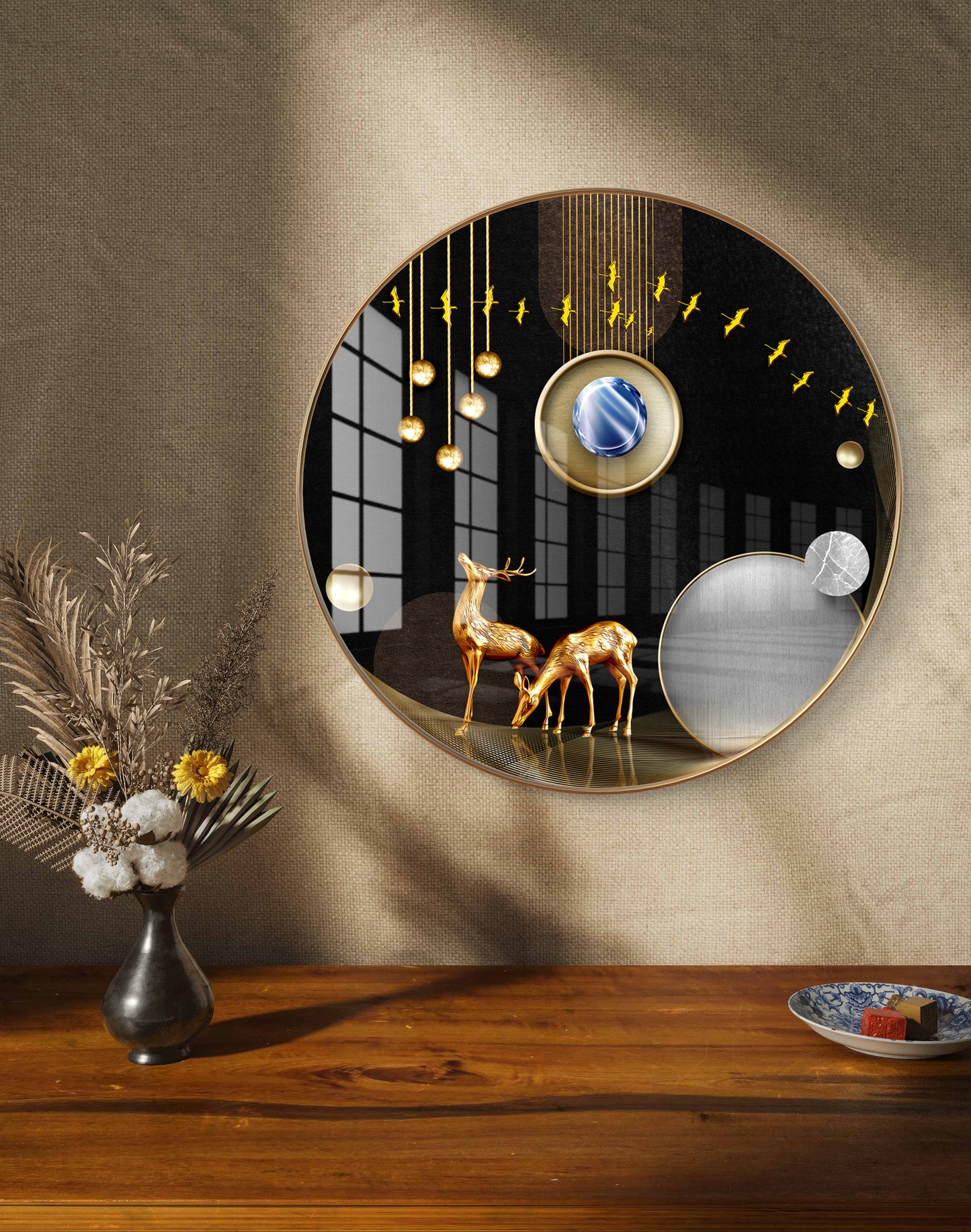 Round golden deer abstract crystal resin art work