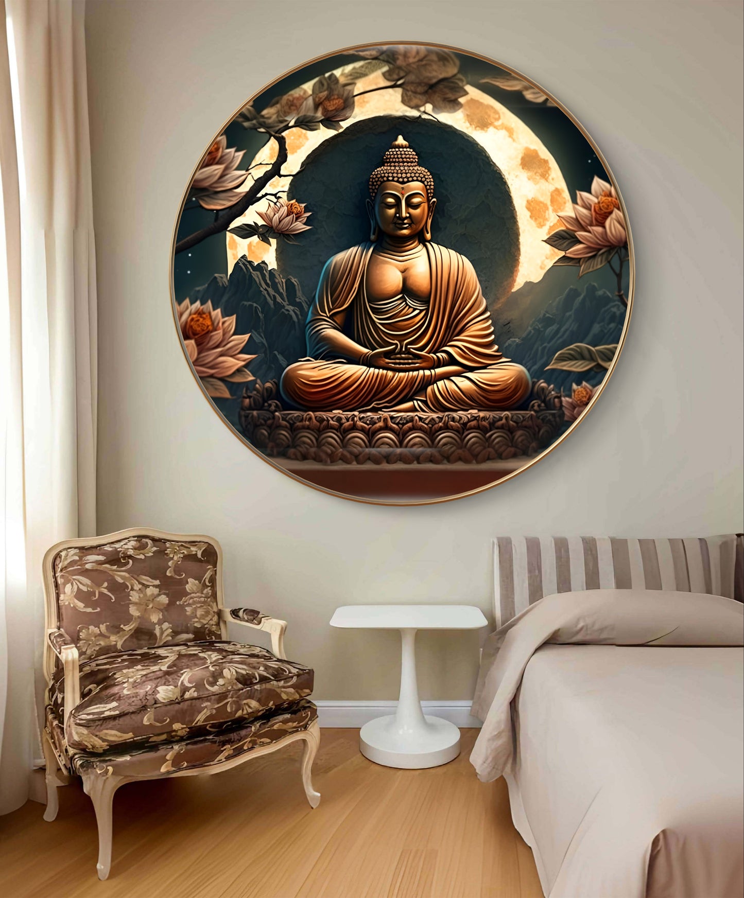 Round epoxy resin cooper Buddha statue painting with flowers