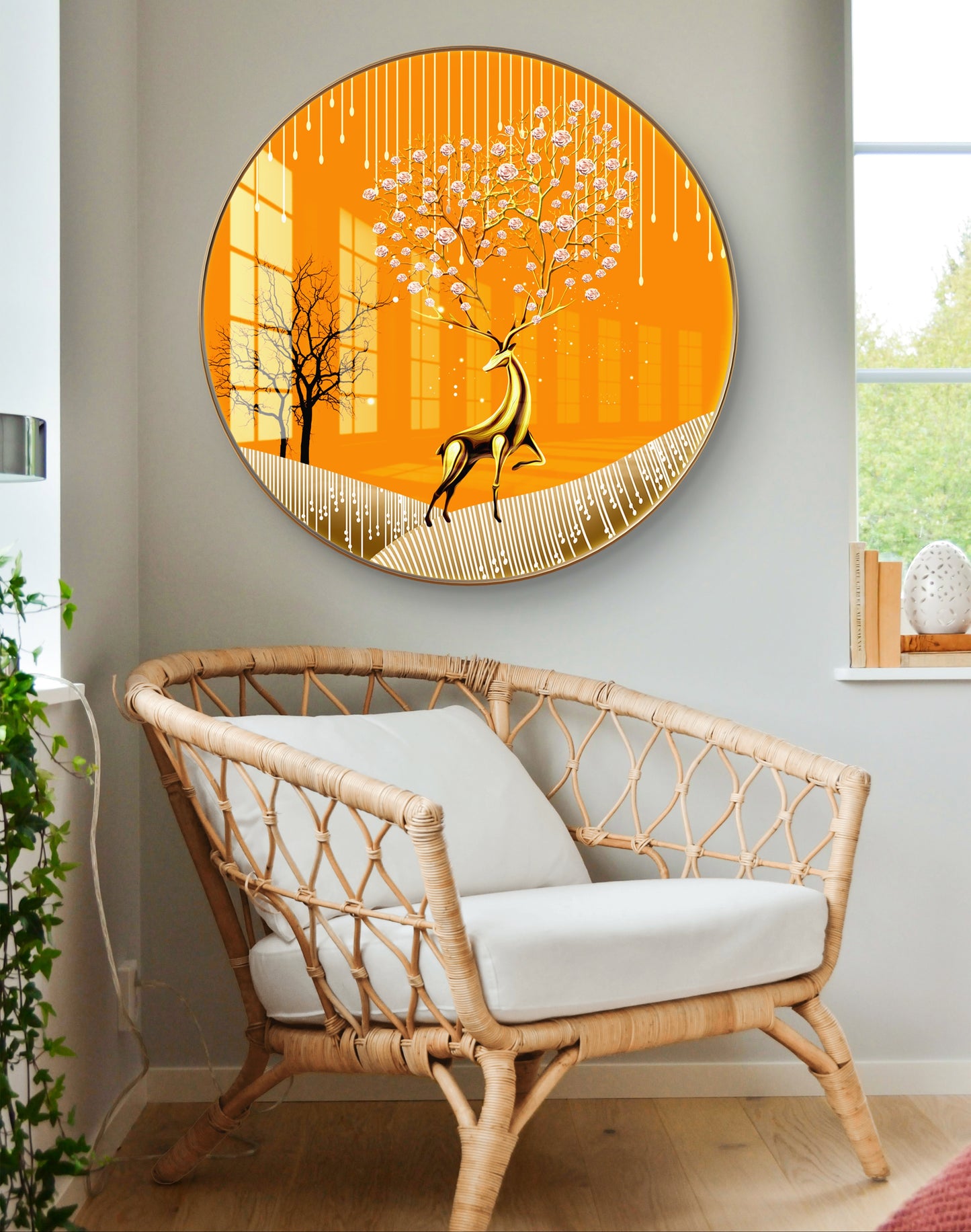 Round golden deer with yellow background crystal resin art work