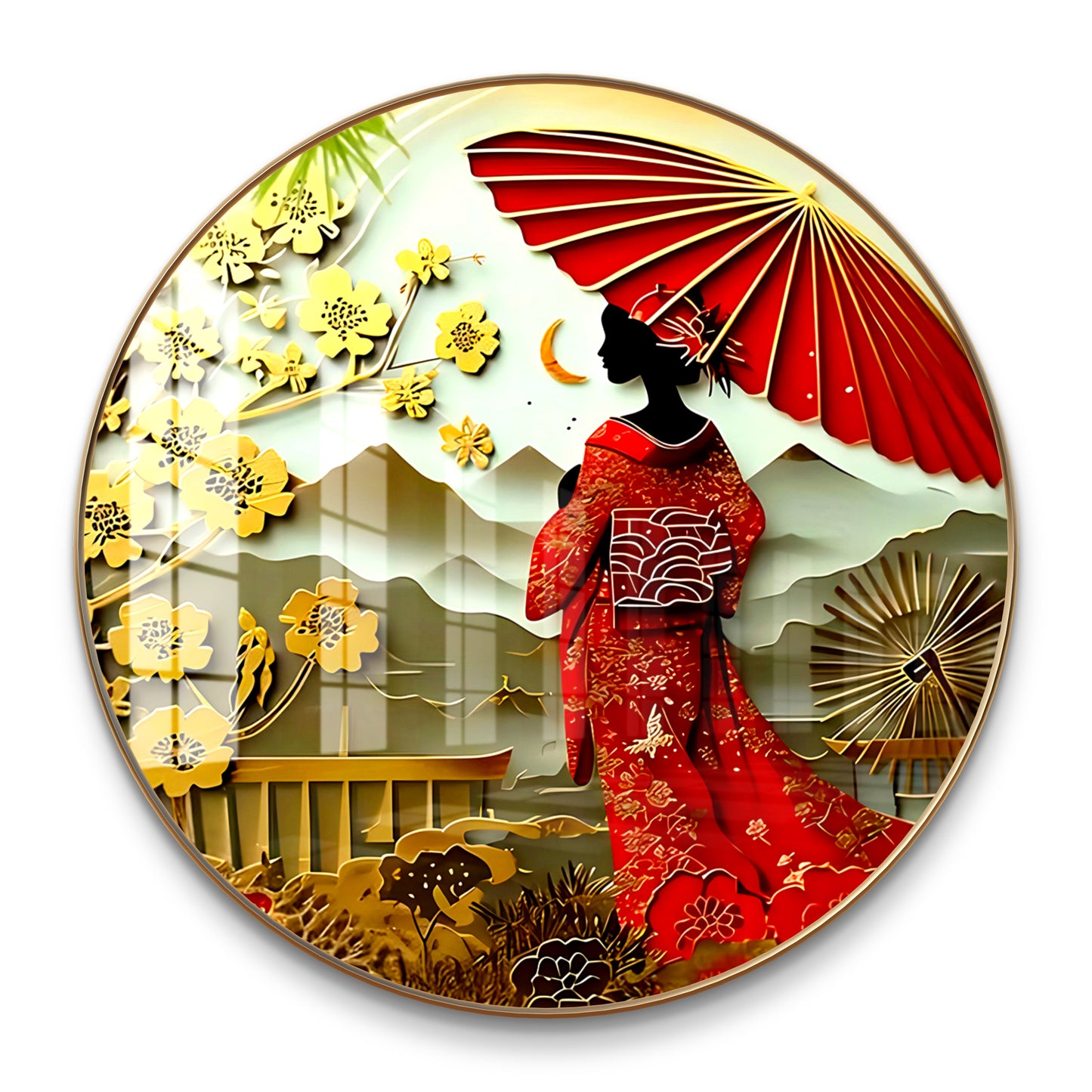 Round japanese woman with umbrella crystal resin art work